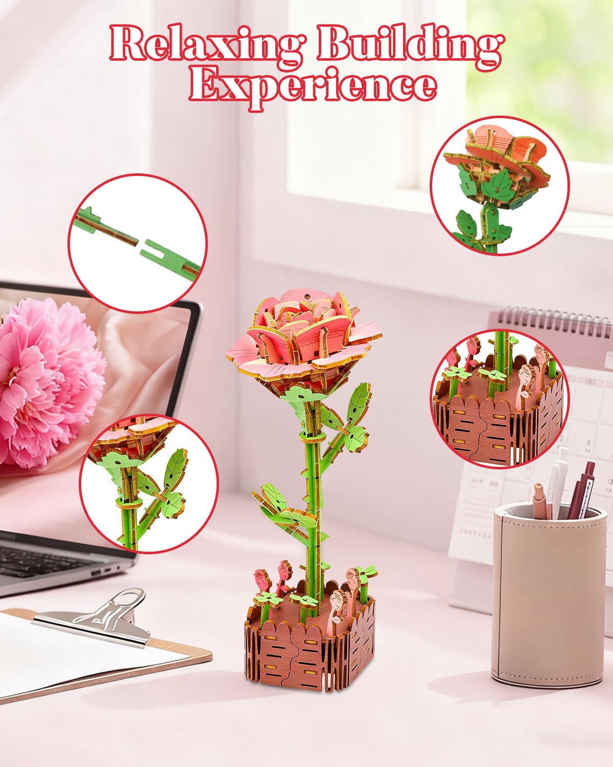 aeloer 3D Wooden Flower Puzzles for Adults - Pink Rose, DIY Model Kit Building Set, Creative Craft for Adults, Unique Botanical Home Office Decor & Relaxing Gift Idea