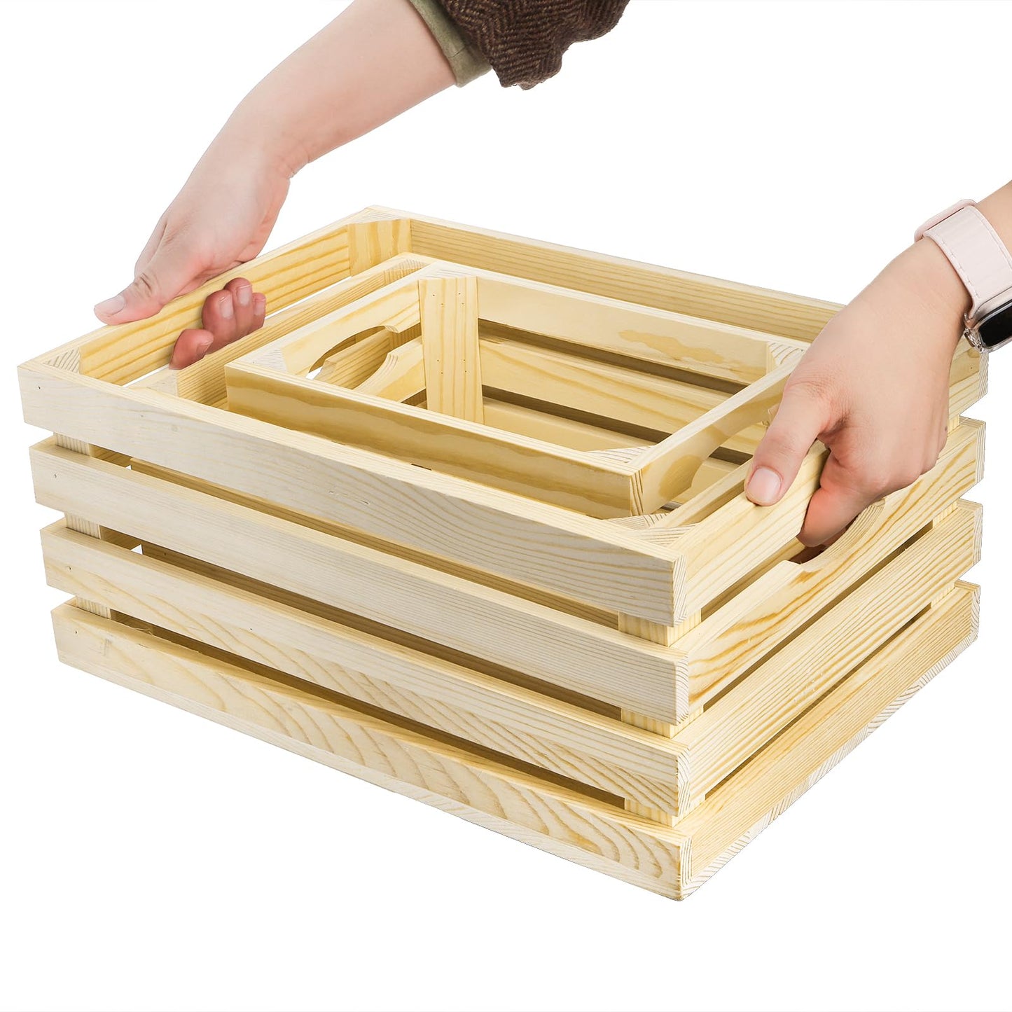 ZENFUN 3 Pack Wooden Nesting Crates with Handles, Decorative Hand Crafted Wood Box Nesting Crate Farmhouse Storage Basket Container for Display and Organization, Home Centerpieces