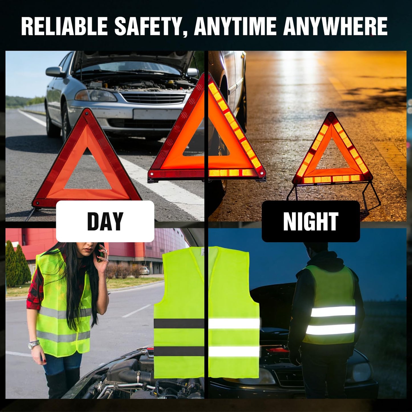 XOOL Emergency Warning Triangle Kit – Roadside Safety Kit with Reflective Warning Triangles, High-Visibility Safety Vests, Storage Bag & Gloves for Car Breakdowns & Emergencies