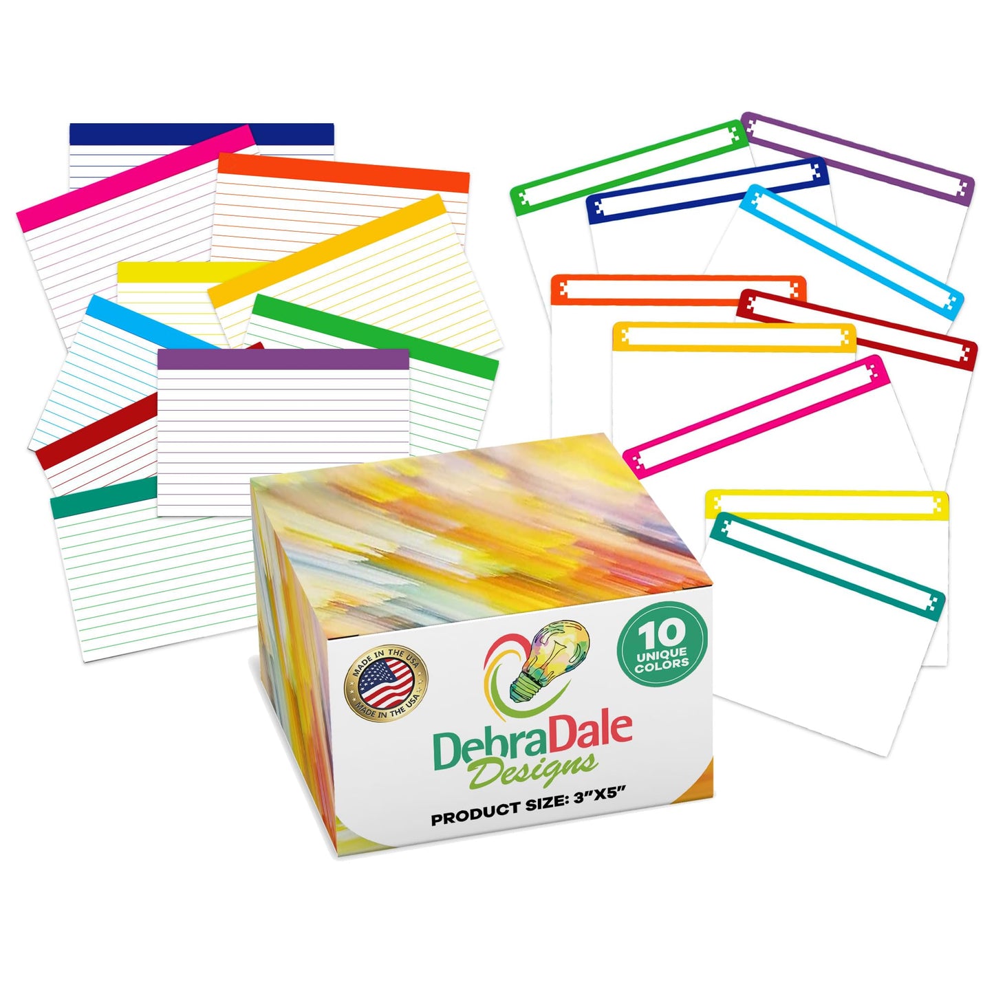 Debra Dale Designs Made in USA 350 color bar ruled index cards, matching color-coded dividers, and storage box on standard 110# white index card stock