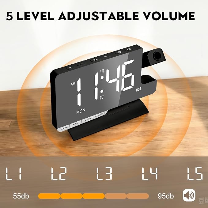 SZELAM Digital Clock,Alarm Clock Bedside with Projection,7.3" Mirror Clock with 180°Rotating Projector,Dual Alarm with 3 Mode,Brightnee Adjust,DST,Snooze,Charging Port,5 Levels Volume for Desk Teens