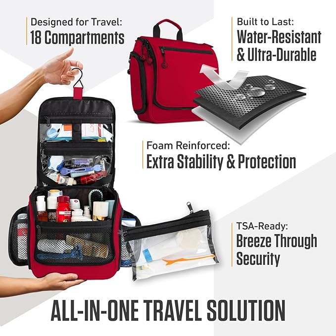 VENTURE 4TH Hanging Travel Toiletry Bag for Women & Men - Travel Organizer with Expandable Compartments & Removable Clear Pouch for Toiletries (Red)