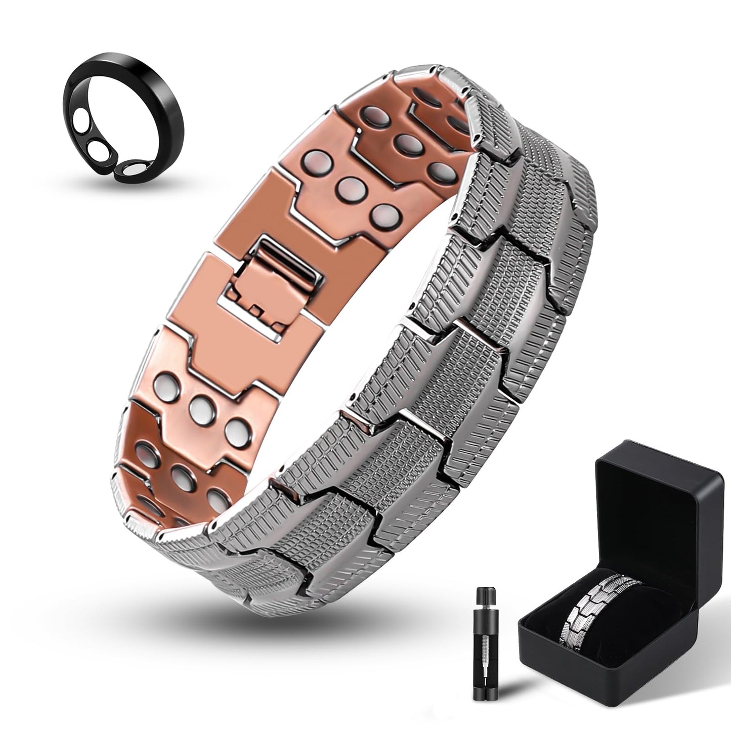 Fvbber 3X Magnetic Bracelets for Men Triple Strength Magnets with Pure Copper Adjustable Length Bracelet for Wrist Support & Wellness - Includes Sizing Tool and Gift Box (Black)