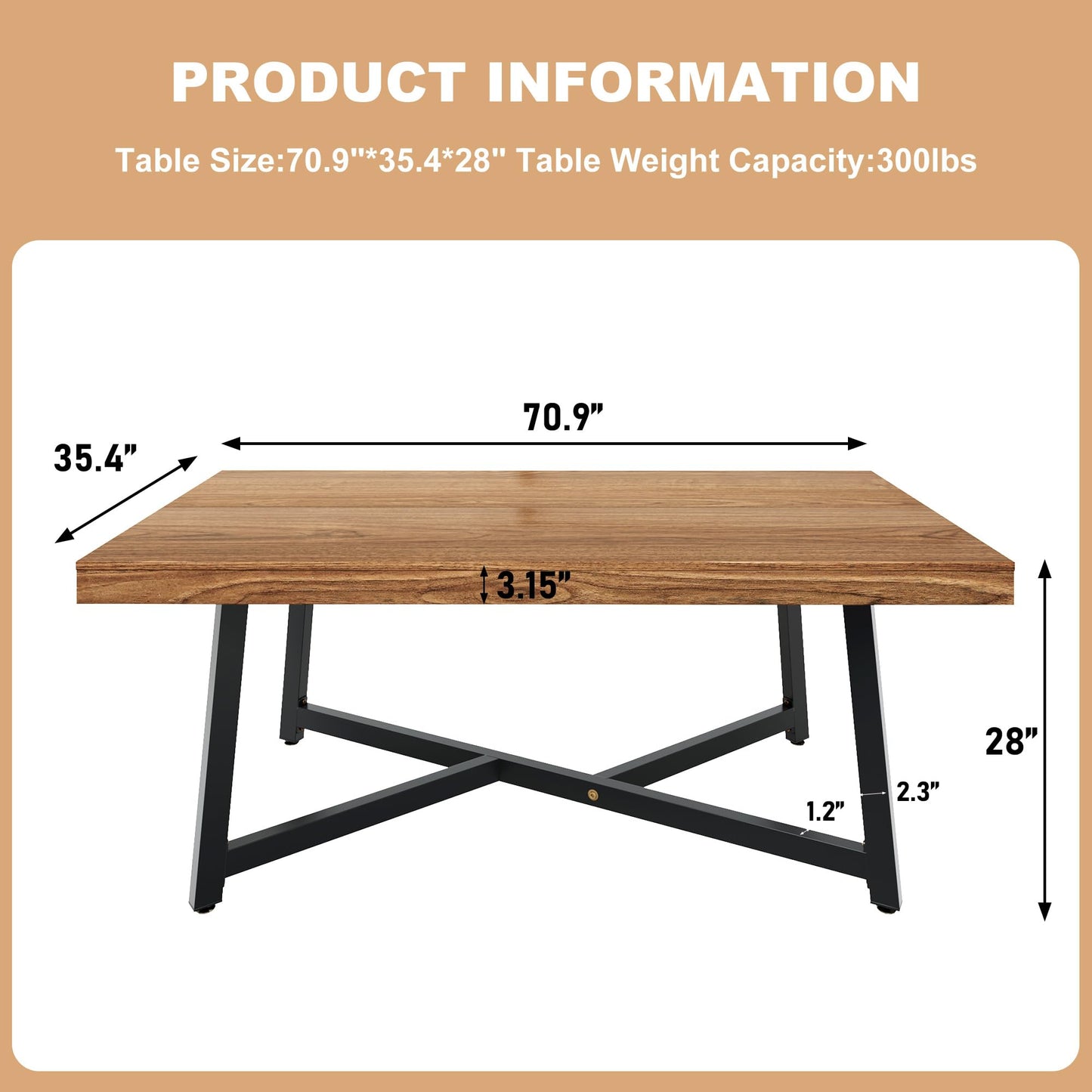 71" Farmhouse Dining Table for 4,6,8 People,Wooden Rustic Kitchen Table W/Thickness Waterproof Wood Tabletop,Rectangular Long Brown Dinner Table for Home Office,Dining Room,Living Room Furniture