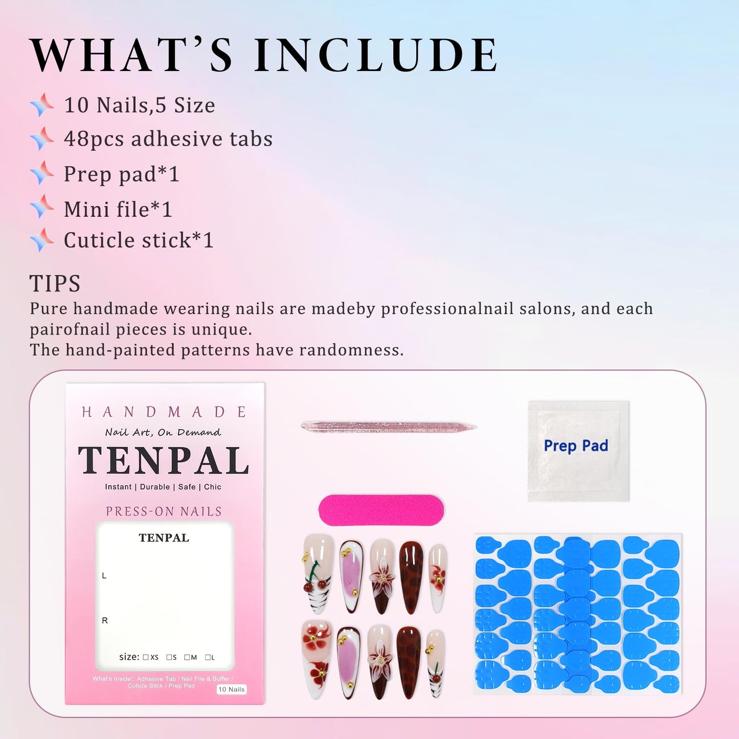 TENPAL Cherry Blush French Tips Press on Nails Long Stiletto with 3D Floral Carving, Handmade & Reusable, Soft Flattering False Nails for Everyday Wear | Sheer Cherry Style(M)