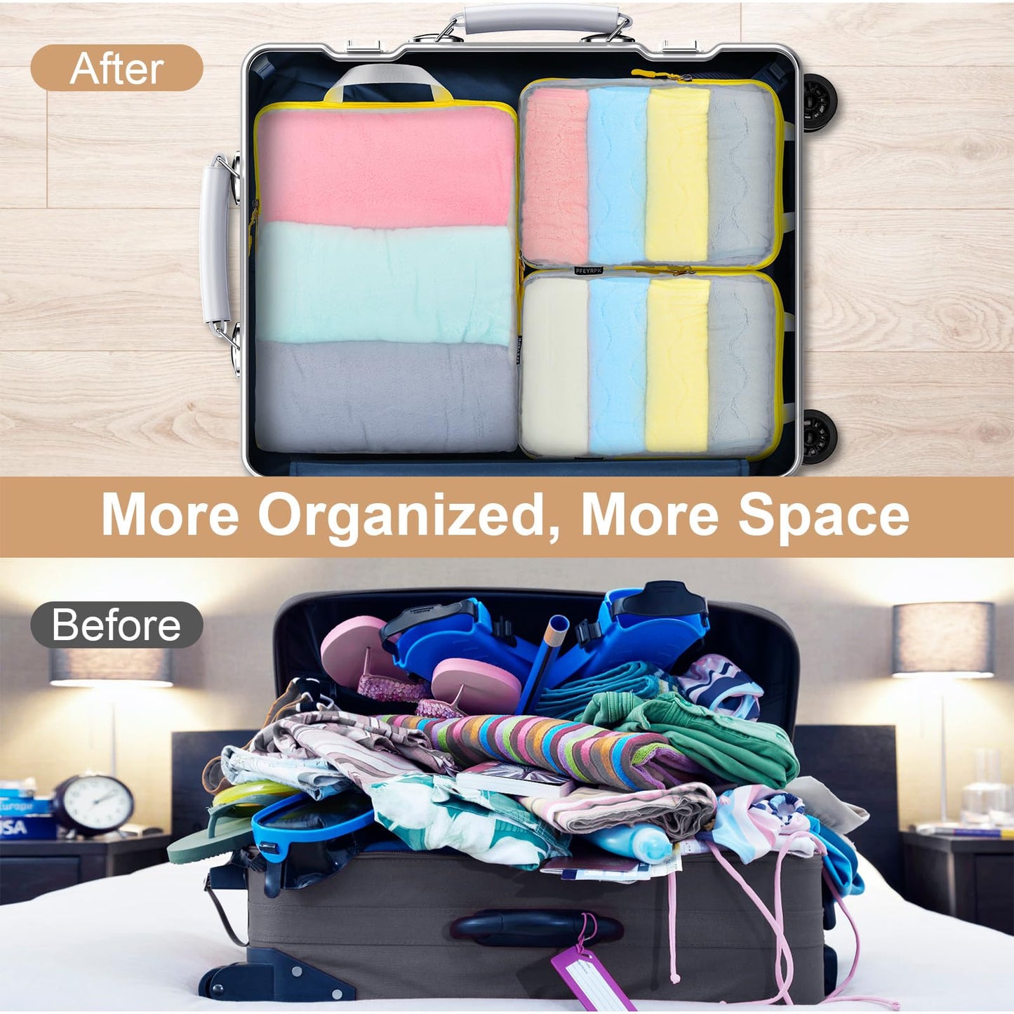PFEYRPK Compression Packing Cubes Travel Essentials with See Through Mesh for Suitcases,Expandable Packing Organizers 7 Set with Clear Toiletries and Shoe Bag for Carry on Luggage.