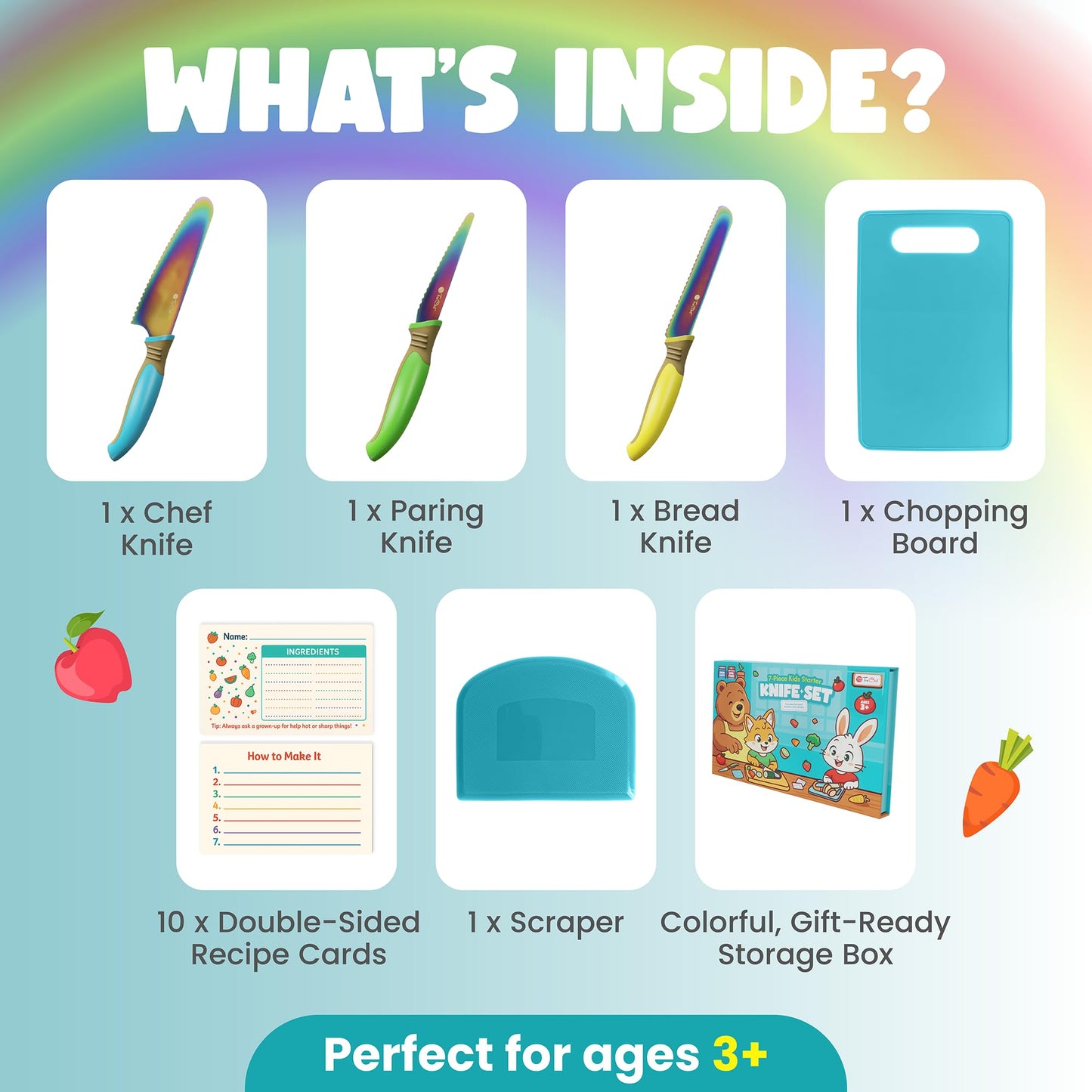 TruChef Kids Knife Set for Real Cooking | Skin Safe Chef Set for Ages 3+ with Rainbow Blades, Cutting Board, Scraper, Recipe Cards | Jr Chef Cooking Gift for Teens & Kids (16 Pcs)