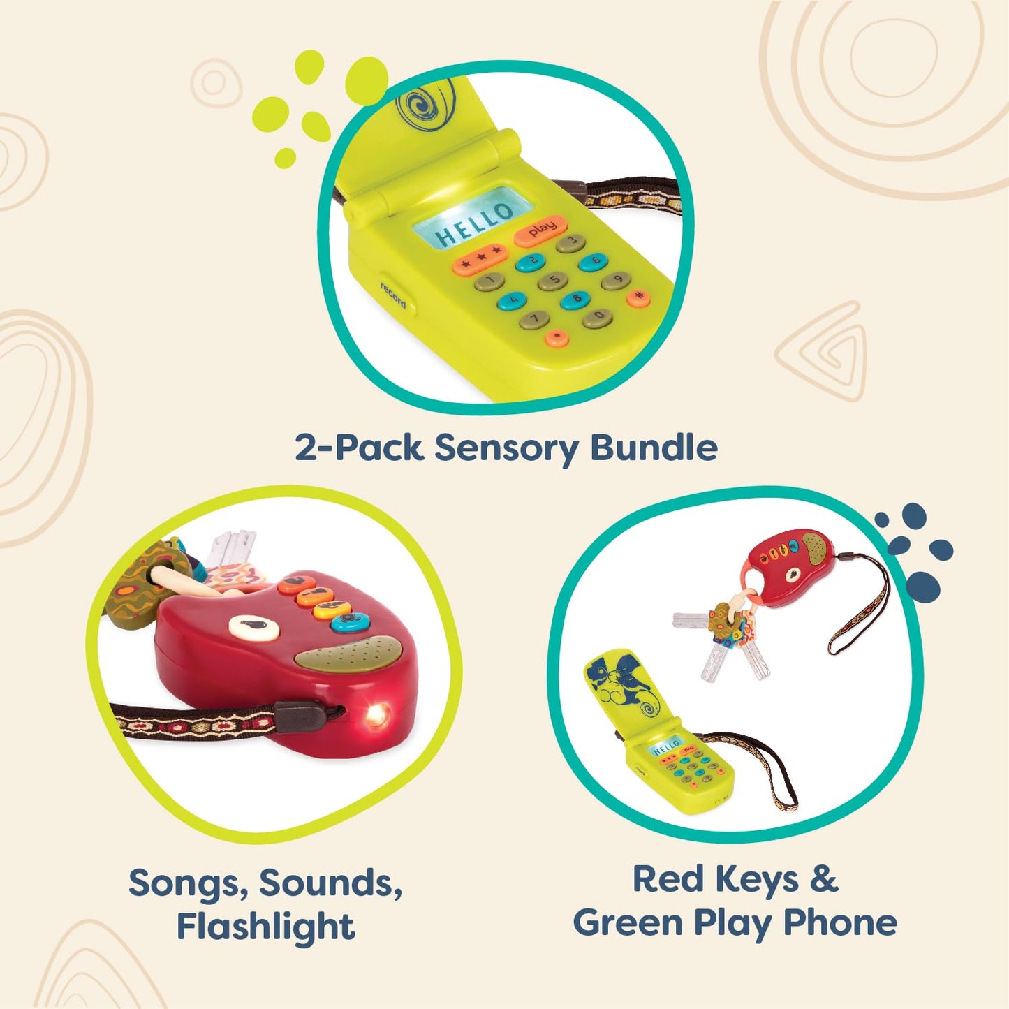 B. toys – Toy Car Keys & Cellphone – 2 Pieces Sensory Bundle – Developmental Toy for Babies, Toddlers – Red Keys & Green Play Phone – 10+ Months – FunKeys + Hellophone Set