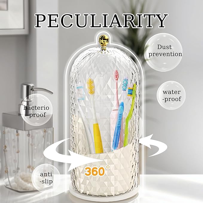 Multifunctional Rotating Toothbrush Holders with Sliding Lid, The 3-Slot Bathroom Countertop Vanity Organizer Perfect for Tooth Brush, Toothpaste, and Makeup Brushes Holder Storage (White)