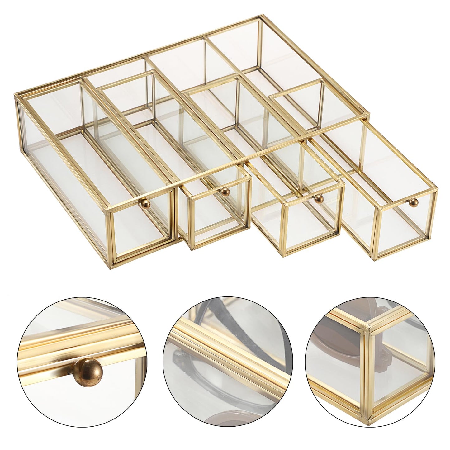 Hipiwe Sunglasses Organizer Box with 4 Drawers, Gold Metal Eyeglass Storage Holder Eyewear Display Case, Clear Glass Multiple Drawer Organizer for Glasses Jewelry Watch Vanity Makeup
