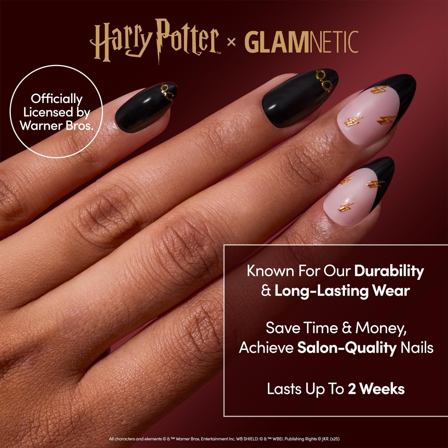 Harry Potter™ x Glamnetic Press-On Nails Bundle - Harry Potter™, Hailey & Fall Mauve | Short Almond Fake Nails with Black French Tips, Glasses & Hidden Lightning Details, Officially Licensed | Glazed
