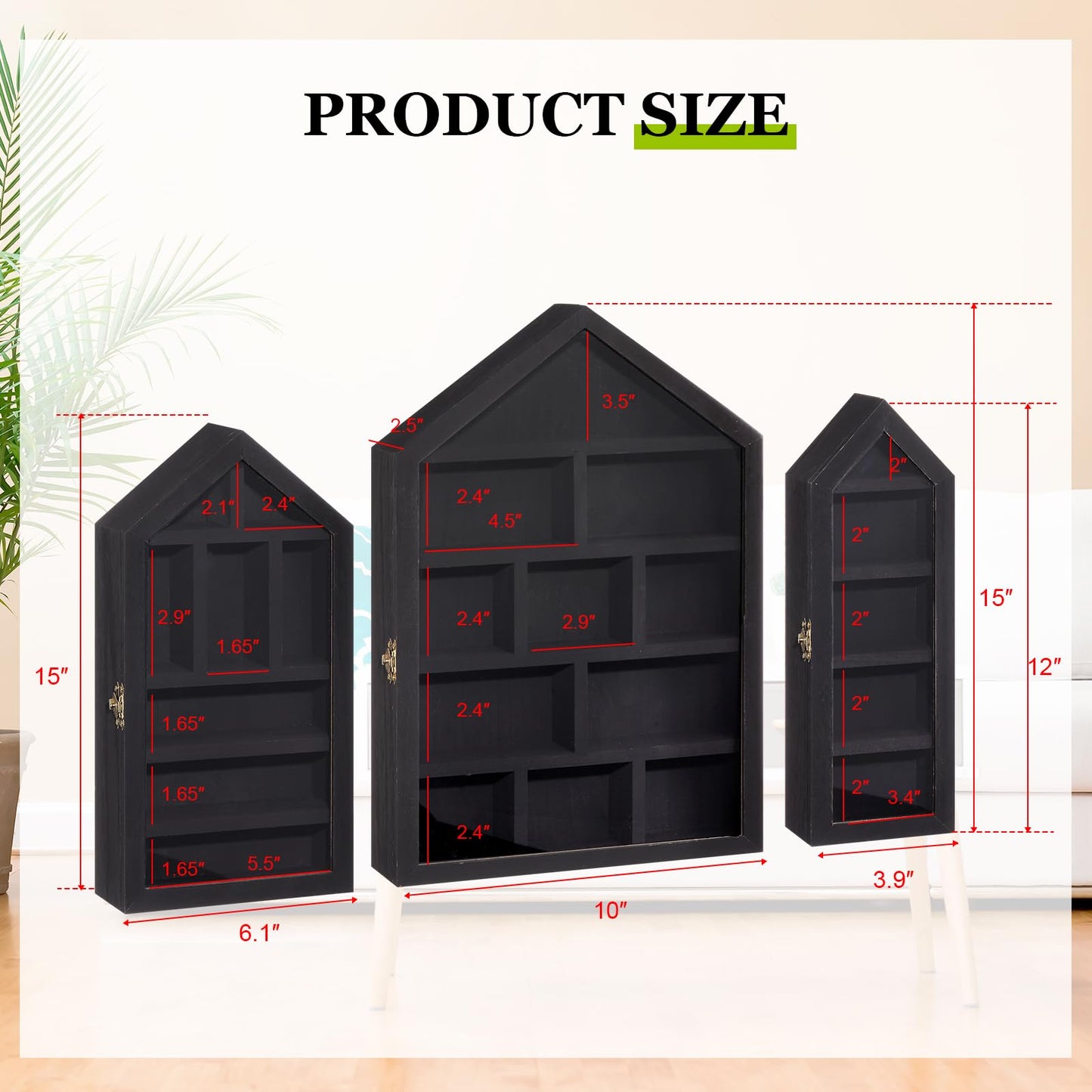DoubleFill Set of 3 Wooden Trinket Display Shelf Shadow Box with Shelves 10 x 15 Inch Large Wall Mounted Display Storage Mini Figures Curio Trinket Medals Crafts Collections(Black,House Shape)