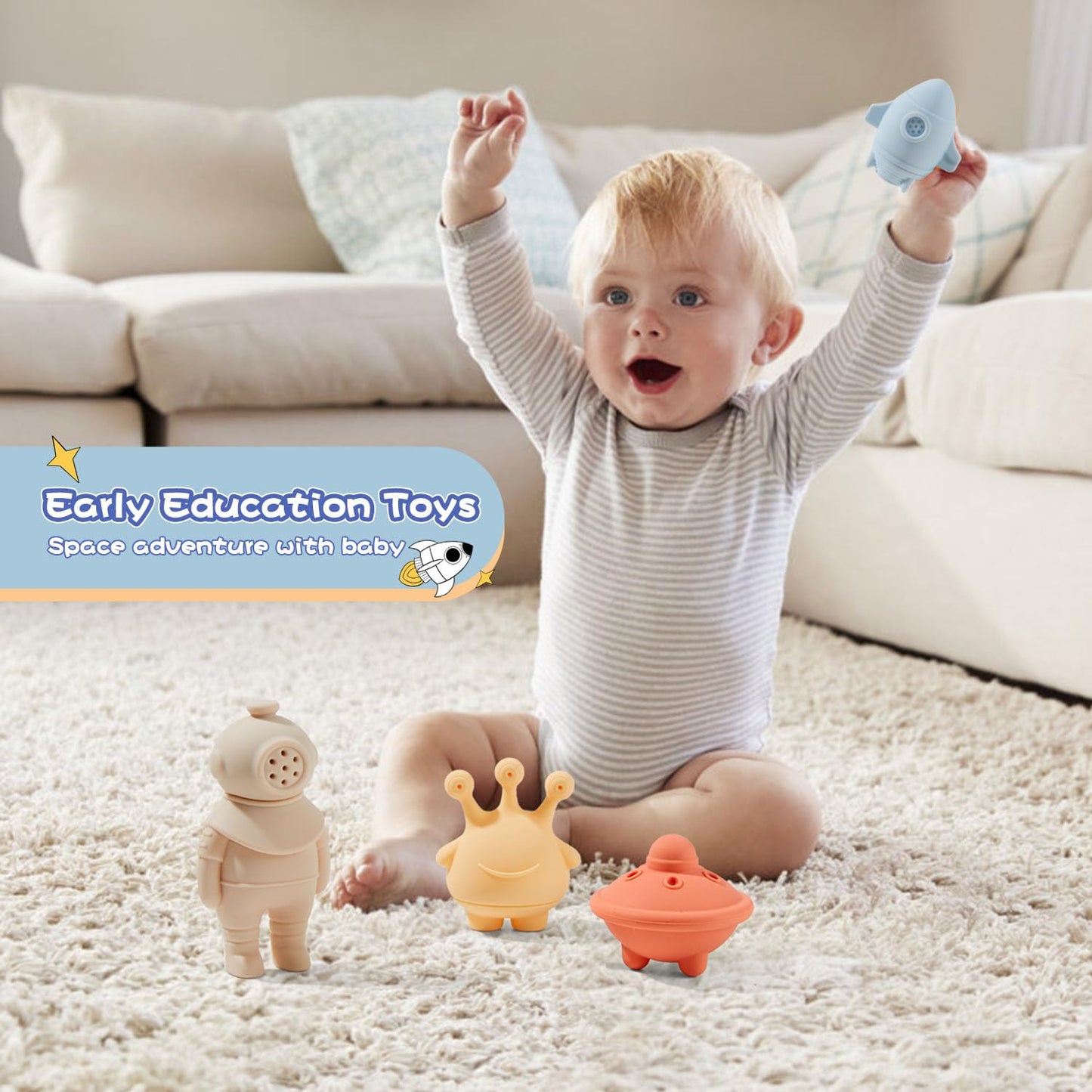 AMCHSURI Bath Toys, Space & Rocket 4 Pack | Dishwasher-Safe & Mold Free Silicone Bath Toys | Soft, Squeezable & Float on Water | Soft & Easy-Grip Baby & Toddler Bath Toy Set | Baby Pool Toys