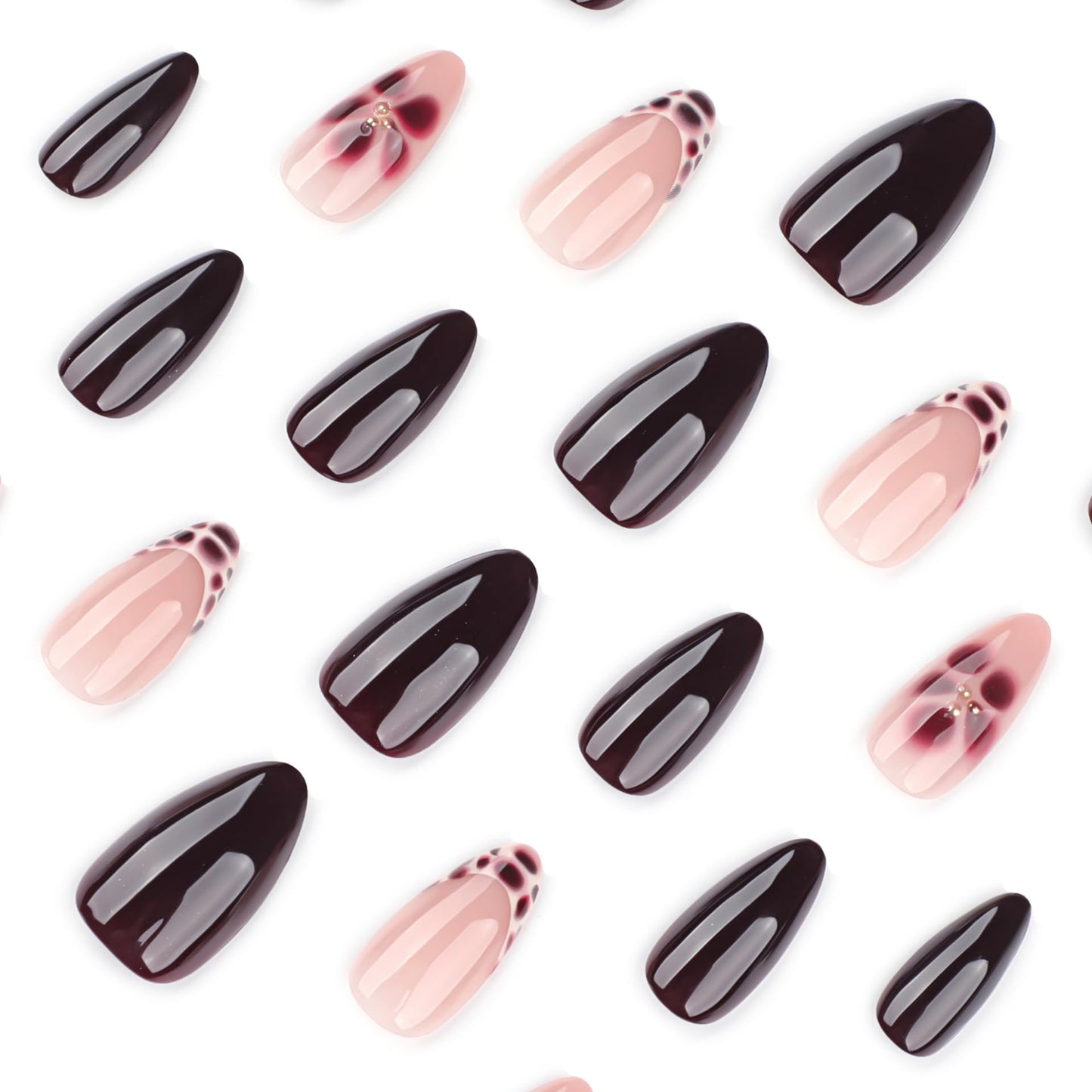 plalely Long Press on Nails Almond, Acrylic Press on Nails with Flower Designs, Long Almond Nail Tips for Women 24pcs