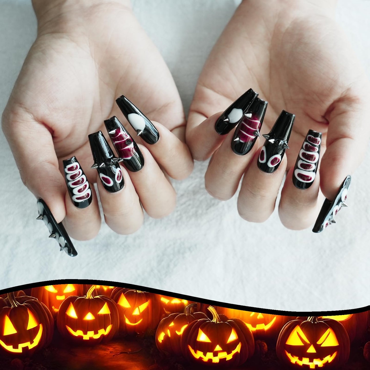 Tesytto Snake Press on Nails Long Coffin Y2K Edgy Design - 3D Metal Studs Charms Punk Goth False Nails, Reusable False Nails for Halloween, Parties (Snake Skin,M)