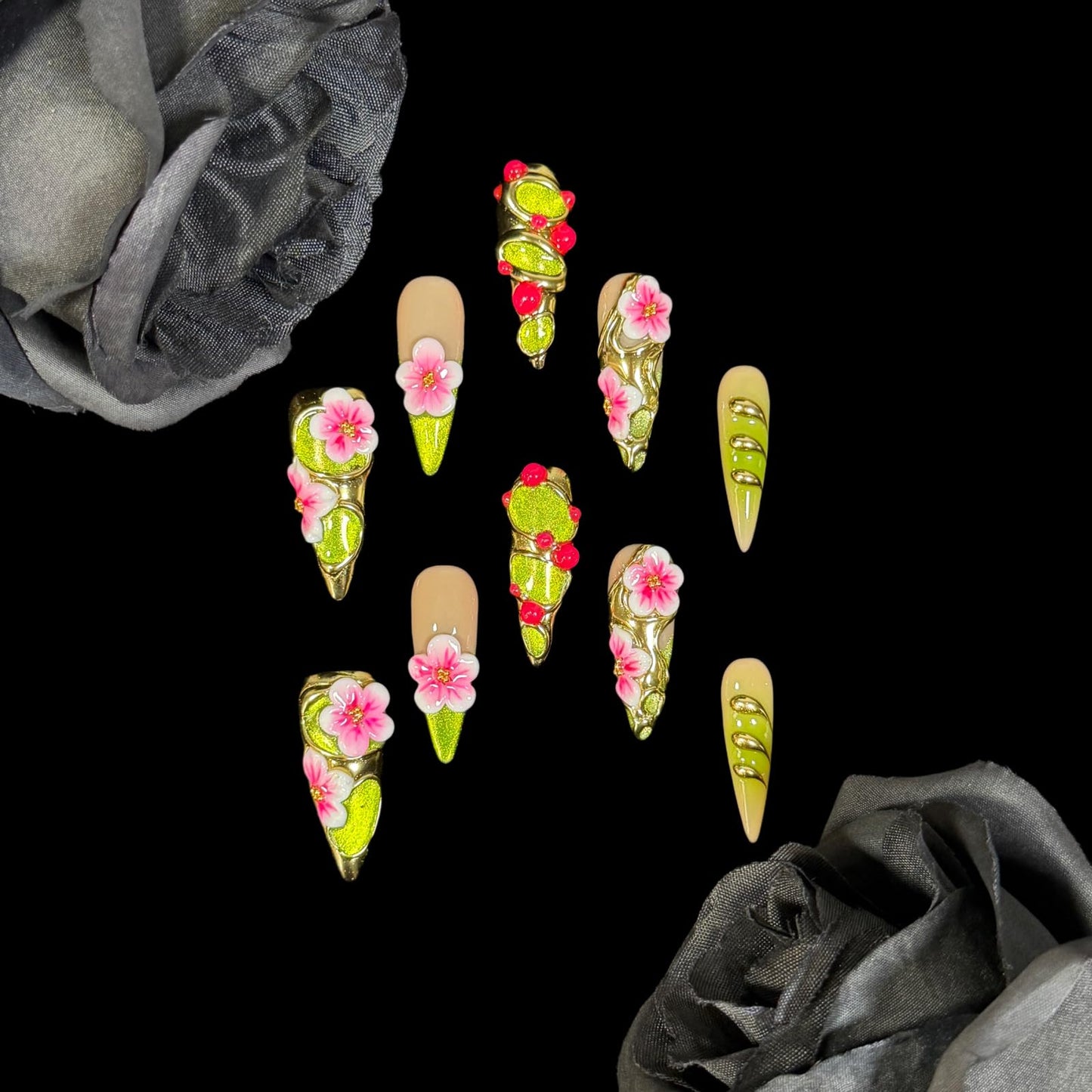 Handmade Luxury Floral Press On Nails, Long Stiletto 3D Pink Petals & Emerald Green Glitter Ombre, Gold Foil Acrylic Reusable False Nails Elven Forest (M)