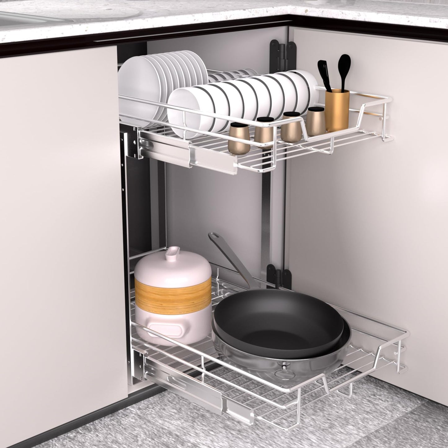 EZKAZA Pull Out Cabinet Organizer 9.5" W x 21" D, 2-Tier Kitchen Cabinet Pullout Shelf and Drawer Organizer Slide Out Pantry Storage Basket, 8.2" W x 21" D x 2.4" H for Bottom Basket Size