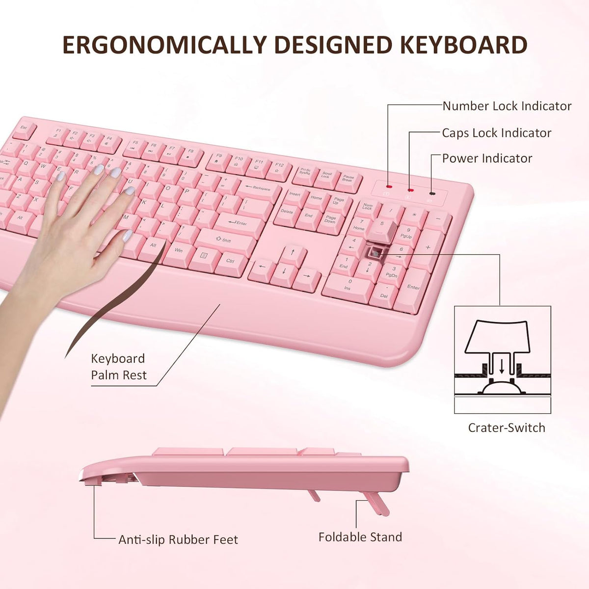 Wireless Keyboard and Mouse Combo, EDJO 2.4G Full-Sized Ergonomic Computer Keyboard with Wrist Rest and 3 Level DPI Adjustable Wireless Mouse for Windows, Mac OS Desktop/Laptop/PC (Pink)