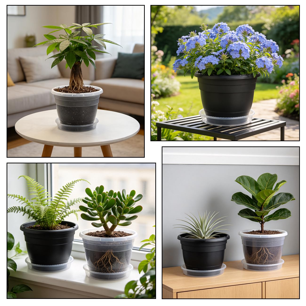 RooTrimmer 8 Inch Black Plastic Plant Pots Set of 10 with Clear Saucers – Durable Flower Pots with Drainage Holes for Indoor & Outdoor Plants