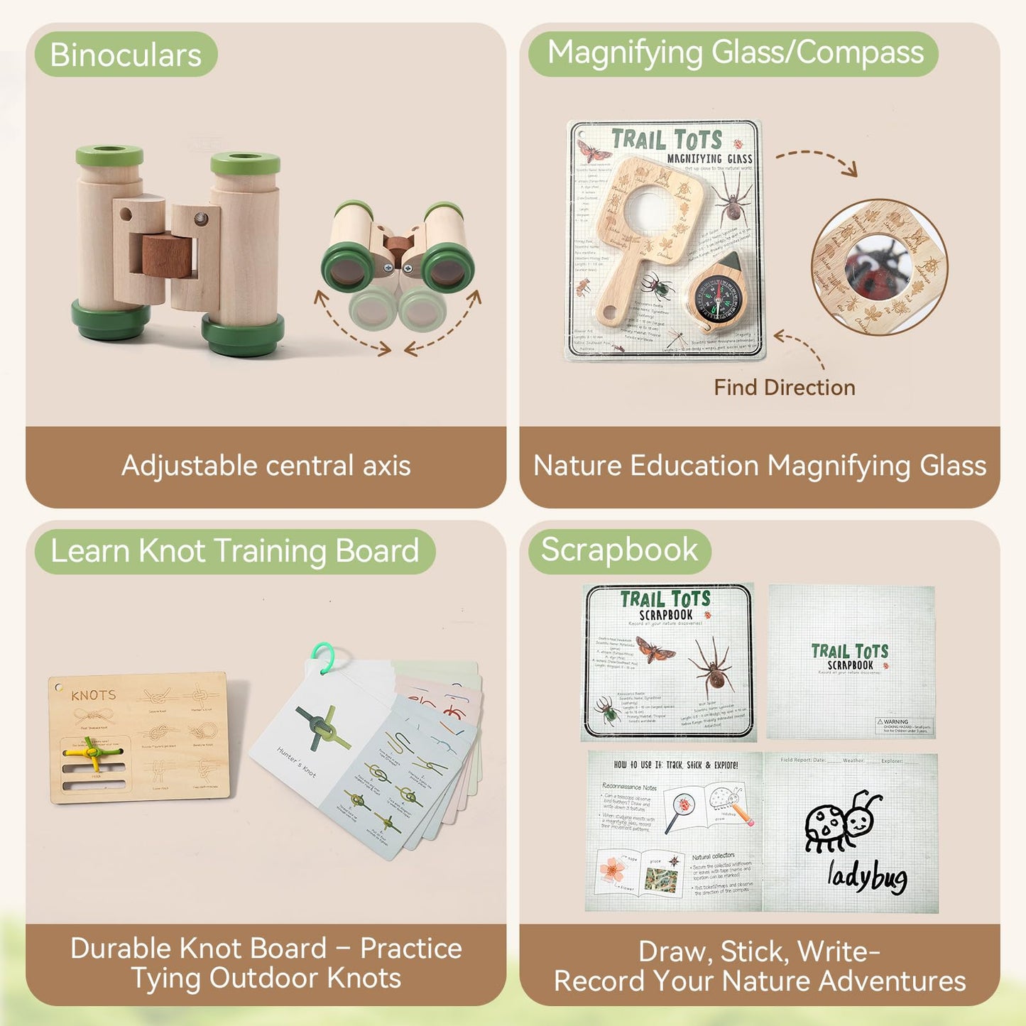 Kids Outdoor Explorer Kit Ages 4–8, Wooden Binoculars, Compass and Knot-Tying Board, Nature STEM Learning & Camping Toy Birthday Gift for Boys and Girls
