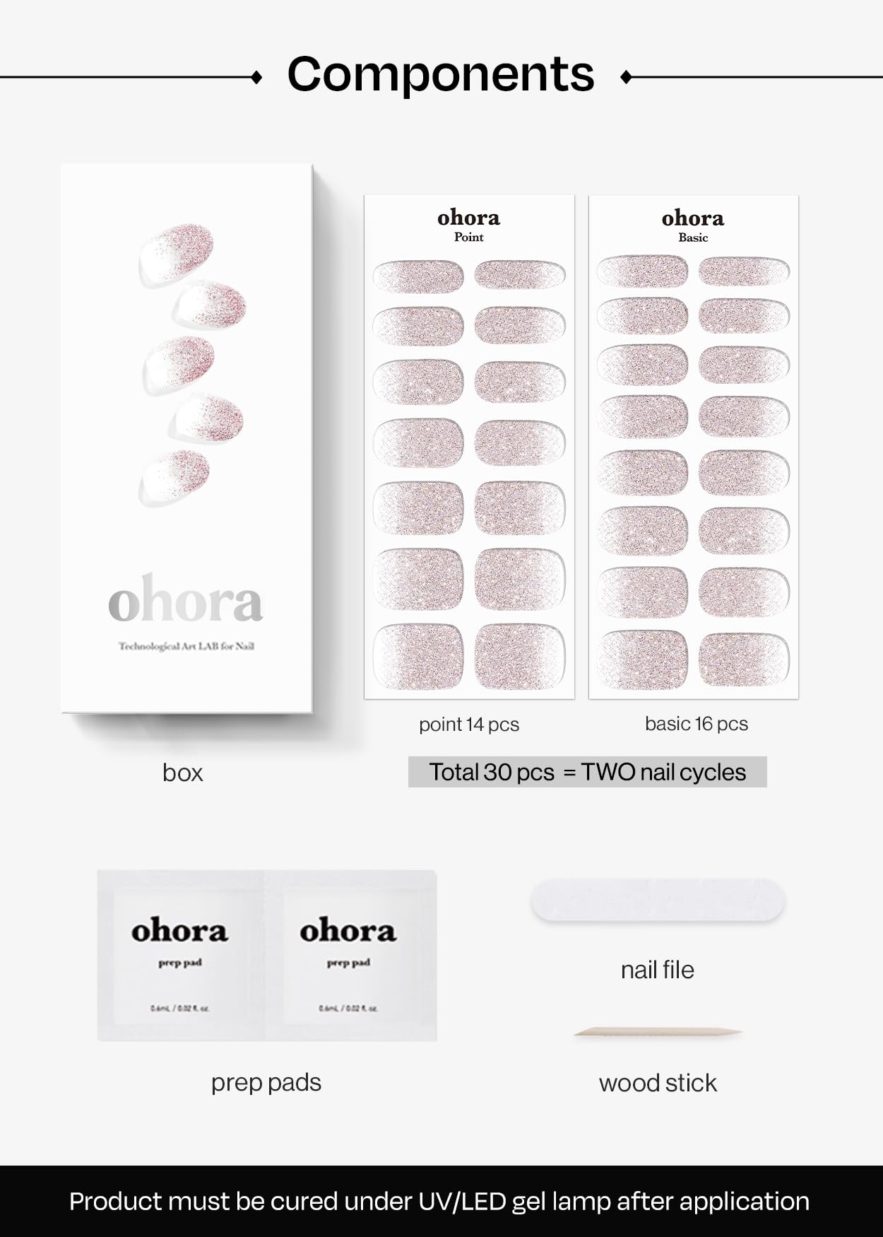 ohora Semi Cured Gel Nail Strips (N Basic Nails no.3) - Nude, Glitter, Works with Any UV/LED Lamps, Salon-Quality, Long Lasting, Easy to Apply & Remove - Includes 2 Prep Pads, Nail File & Wooden Stick