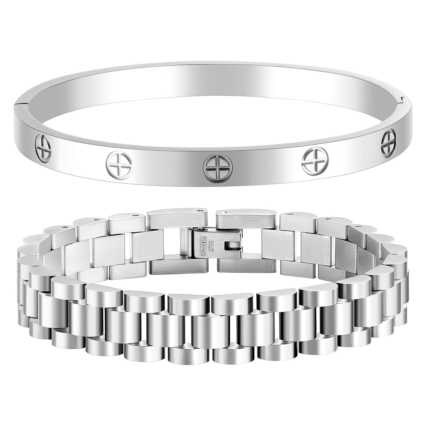 18K Gold Plated Stackable Love Bangle Bracelets for Women,Silver Chain Link Watch Bracelet,Non-Tarnish Jewelry with Adjustable Tool.(2pcs-B Silver)