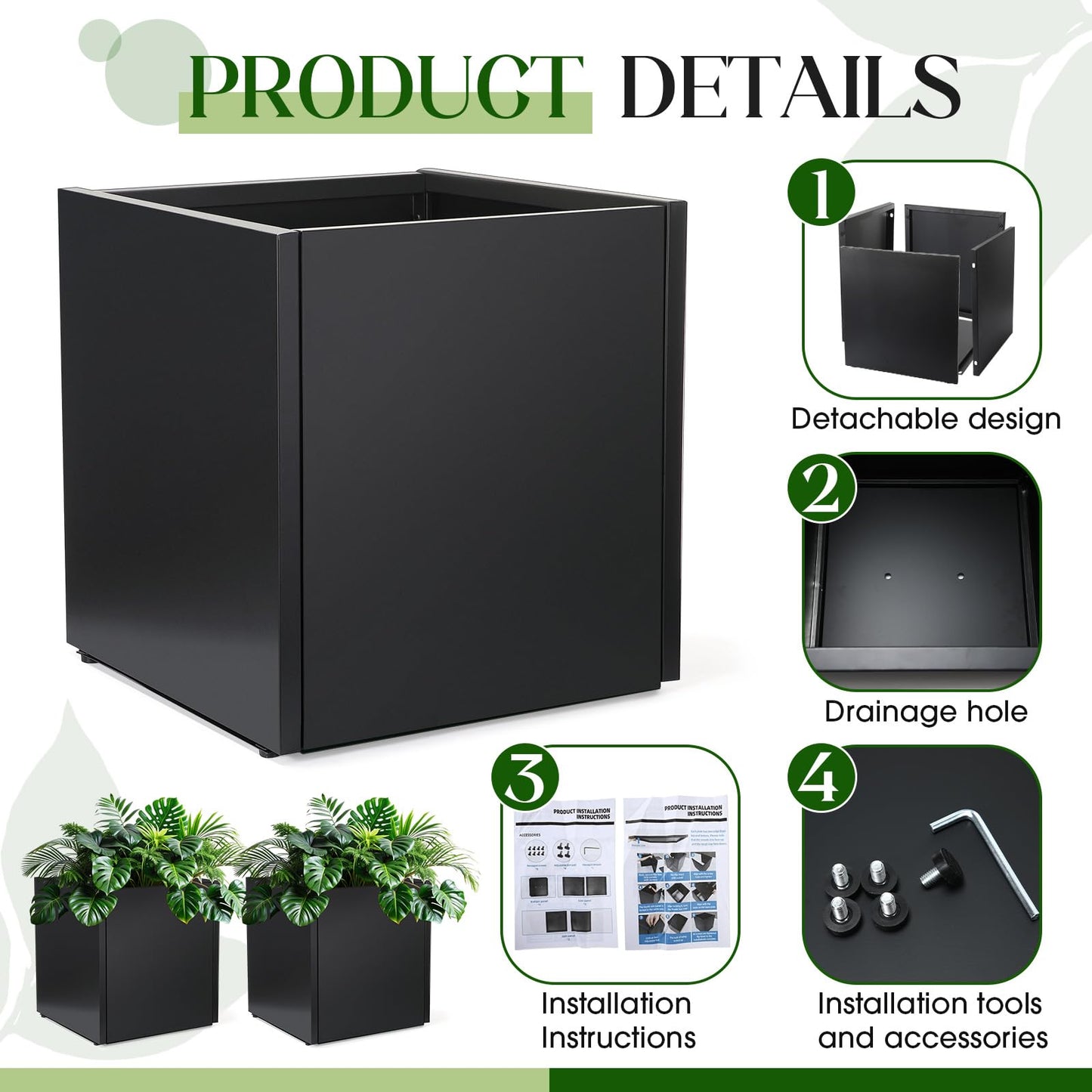 RimCereal 2 Pcs Extra Large Black Square Planter Box Outdoor 17" L x 17" W x 18" H Heavy Galvanized Steel Planters with Drainage Holes Divider for Patio Porch Tall Plants