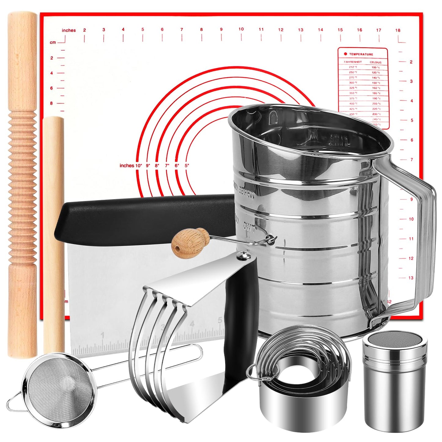 Biscuit Cutter Set, 14PCS Pastry Blender Set with Pastry Cutter, Flour Sifter, Rolling Pin, Biscuit Cutter, Dough Cutter, Powdered Sugar Shaker Duster, Fine Mesh Strainer Baking Mat for Cooking Baking