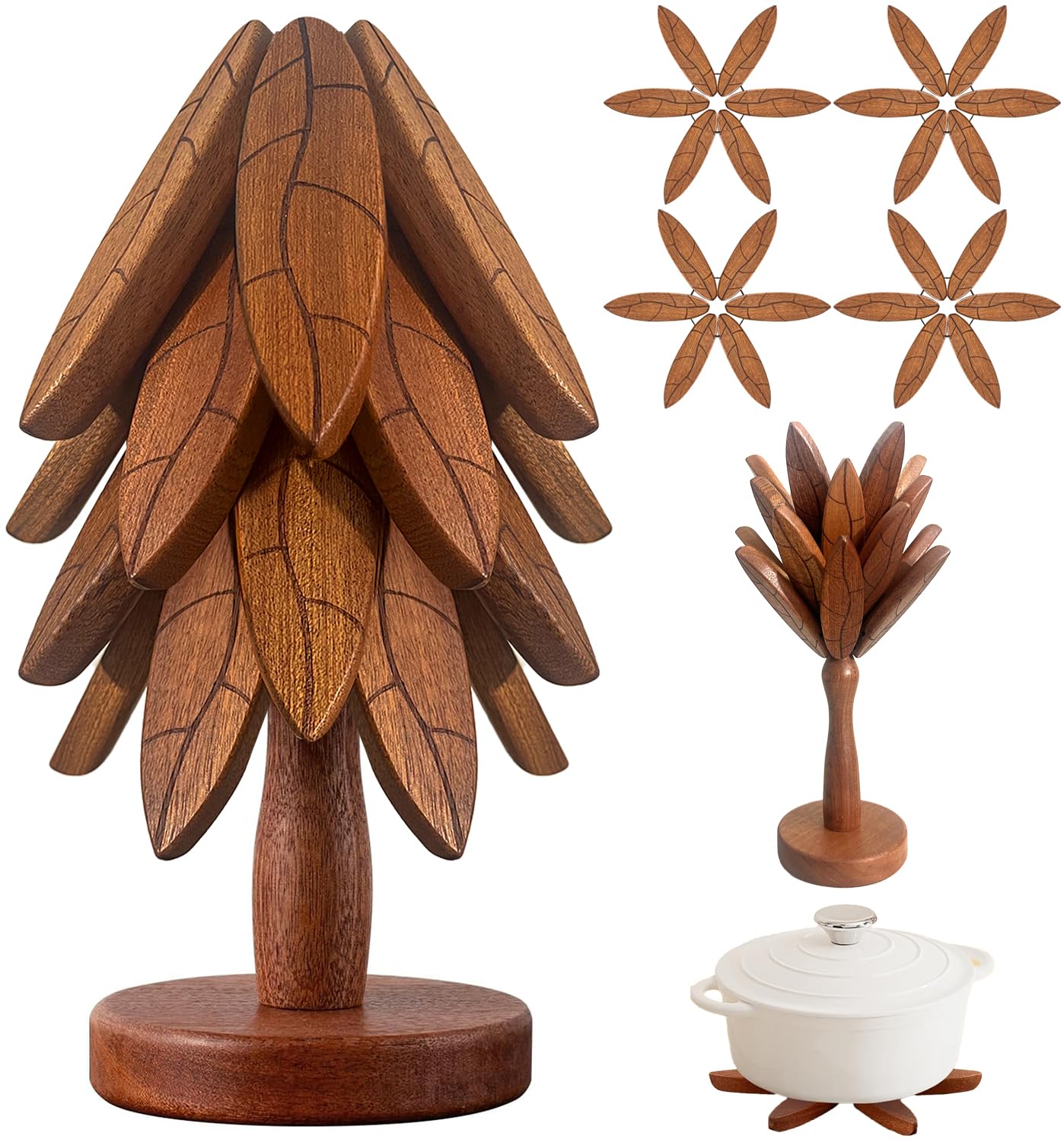 Tree Coasters, Wooden Trivets for Hot Dishes/Pot/Bowl/Teapot/Pans, Tree Shape Trivet Set - 4 Wooden Trivets + 1 Stand Stored, Kitchen Decor Gifts for Him/Her (Leaf Pattern - 4Pcs)
