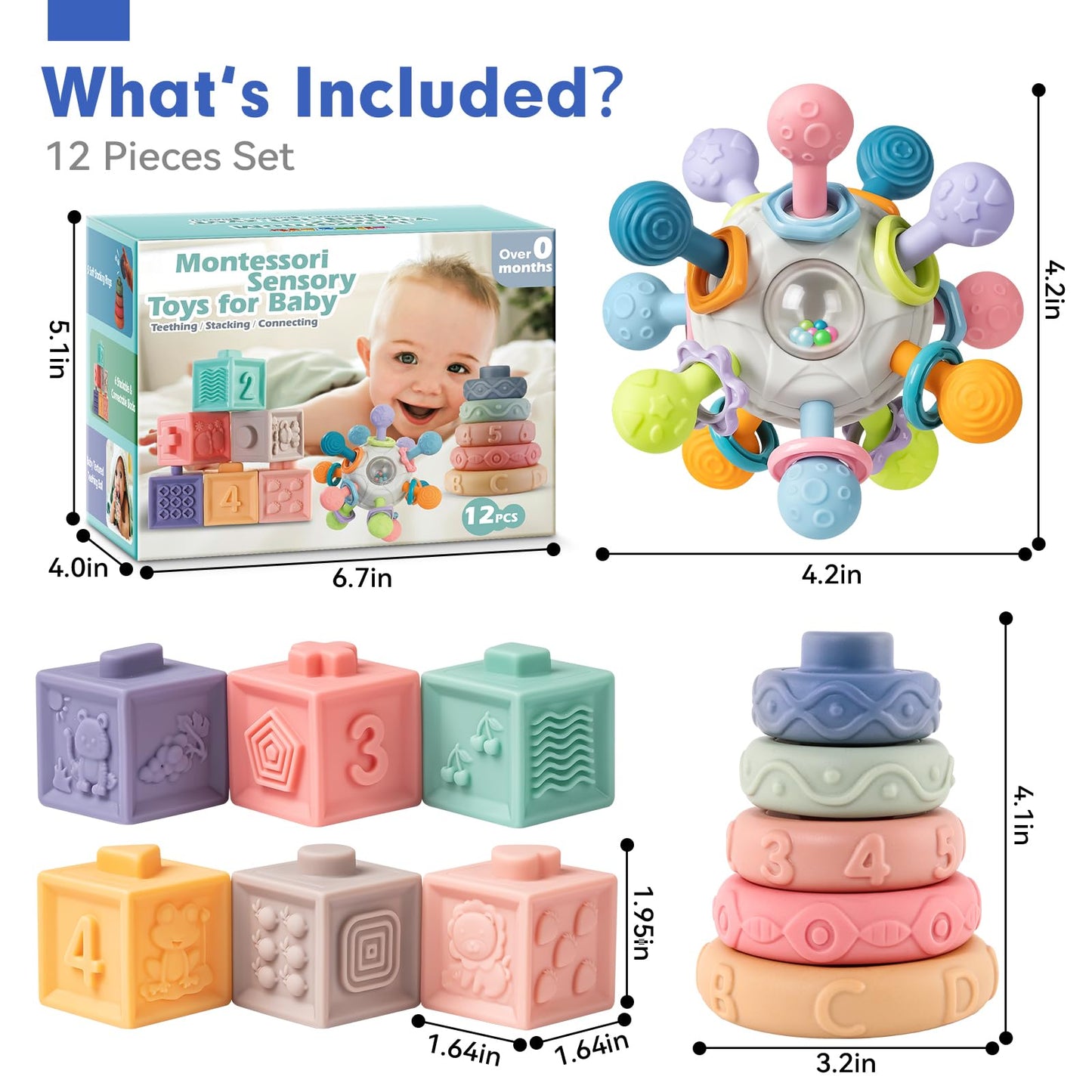 SpringFlower 3 in 1 Montessori Toys for Babies 0-3-6-12 Months, Rattle Teether & Baby Blocks & Soft Stacking Rings, Sensory Developmental Education Toys,Gift for Toddler Baby 0-3-6-12-18 Months