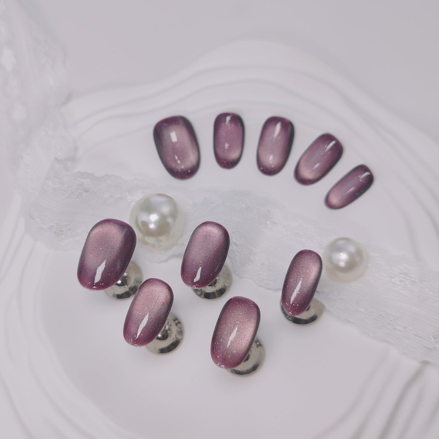 Cat Eye Press on Nails Handmade Short Oval/Square/Round False Nails with French Tip/Aurora/Magnetic Shimmer Designs (Shimmer#Oval Plum, Medium)