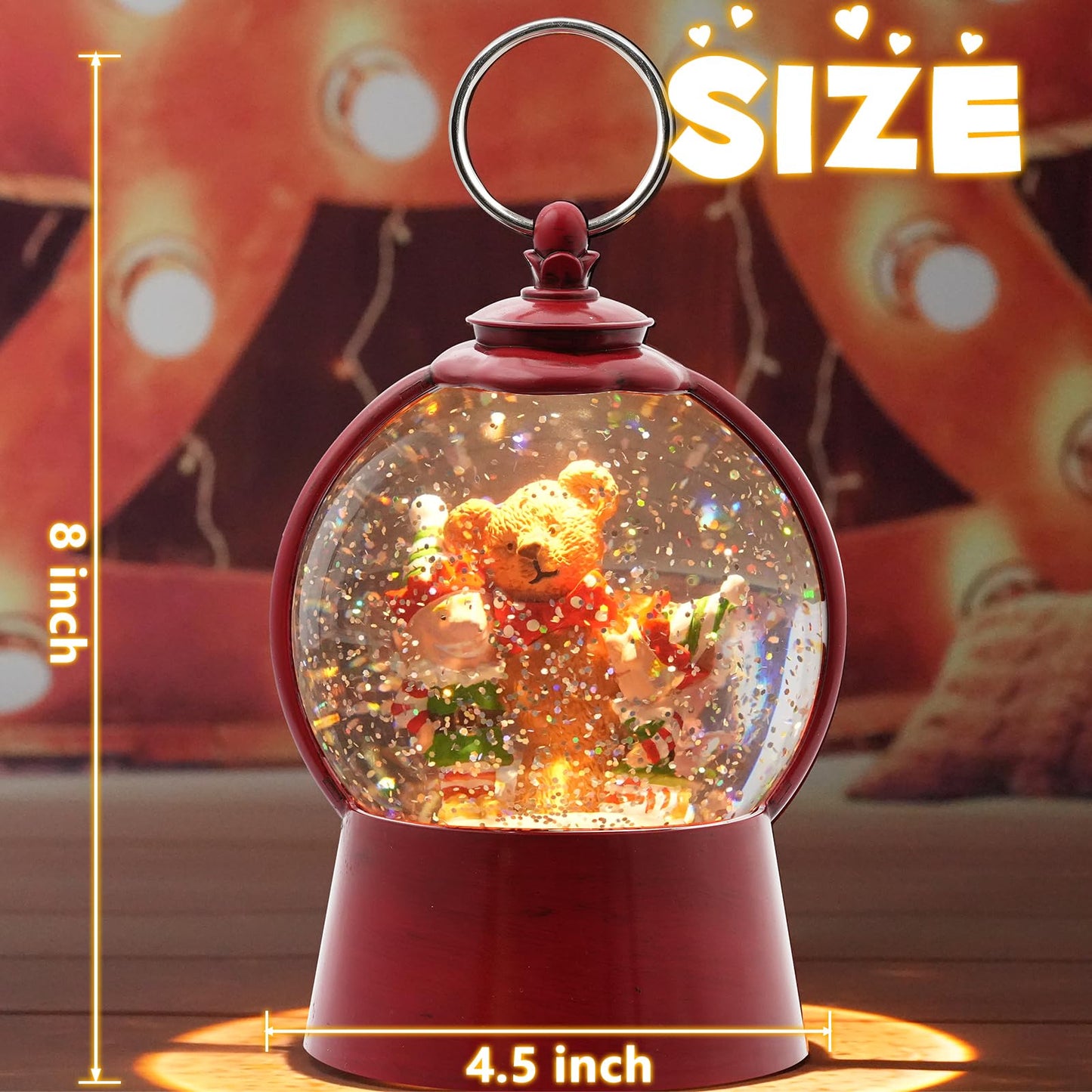 Christmas Snow Globe Lantern with Swirling Glitter Christmas Home Decoration Elf Bear Musical Snow Globe, 6 Hour Timer, USB Powered & Battery Operated Music Box for Holiday