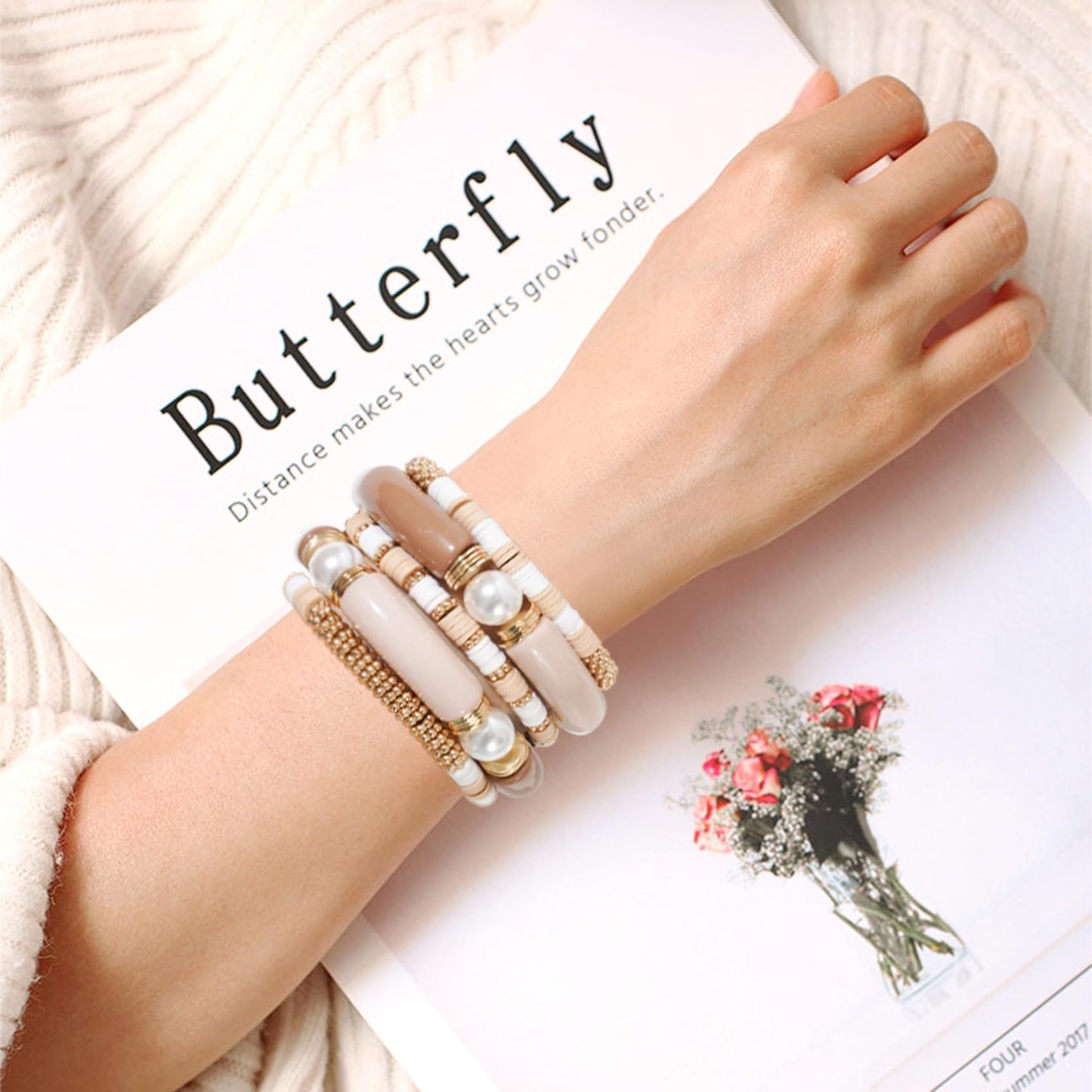 GOOJIDS Simple Beaded Gold Plated Bangles Bracelet Chunky Bamboo Tube Curved Stacking Clear Acrylic Colorful Beads Stretchable Gold Plated Bracelets Set For Women