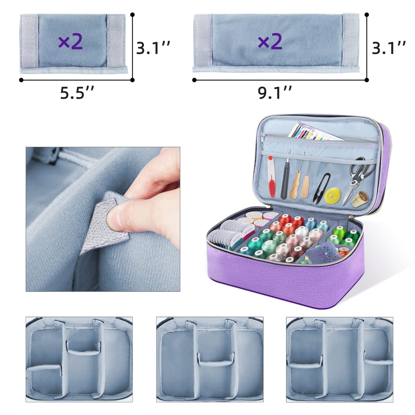 Sewing Organizer Bag - 11.5"x8"x6" Double-Layer Sewing Box with Storage for Scissors, Thread, Pins, Needles, Clips (Purple)