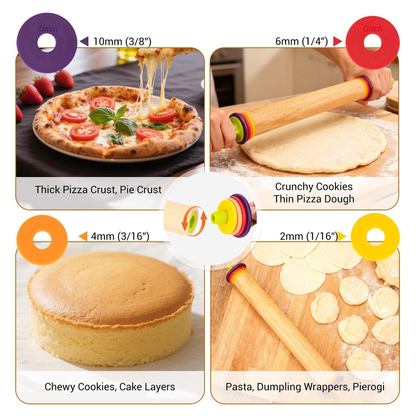 Adjustable Rolling Pin with Thickness Rings, Wooden Dough Roller & 12 Stainless Steel Cookie Cutters Set – 5-in-1 Baking Kit for Pizza, Fondant, Pie, Cookies, Pastry, 17" Non-Stick Wood