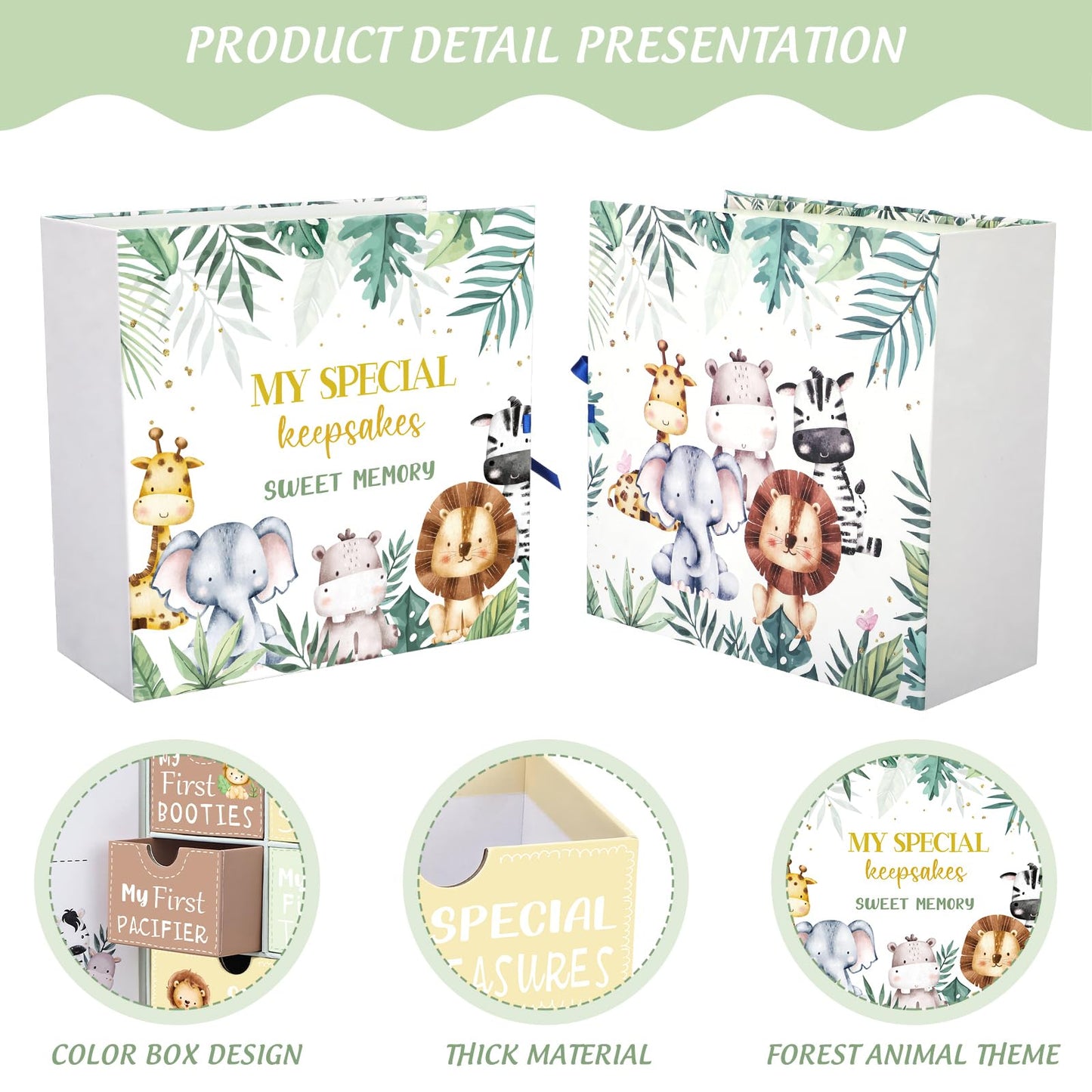 Beeveer Baby Keepsake Box Newborn Memory Organizer with 9 Labeled Compartments First Keepsake Book Gift Box for Pregnancy Mother"s Day Baby Shower New Maternity (Green,Jungle Animal)