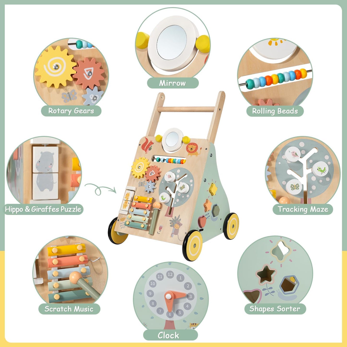 GiggleGems Wooden Baby Walker, Multiple Learning Activities Center Develops Motor Skills for Infant to Toddler, Push and Pull Walkers with Wheel for Boys Girls