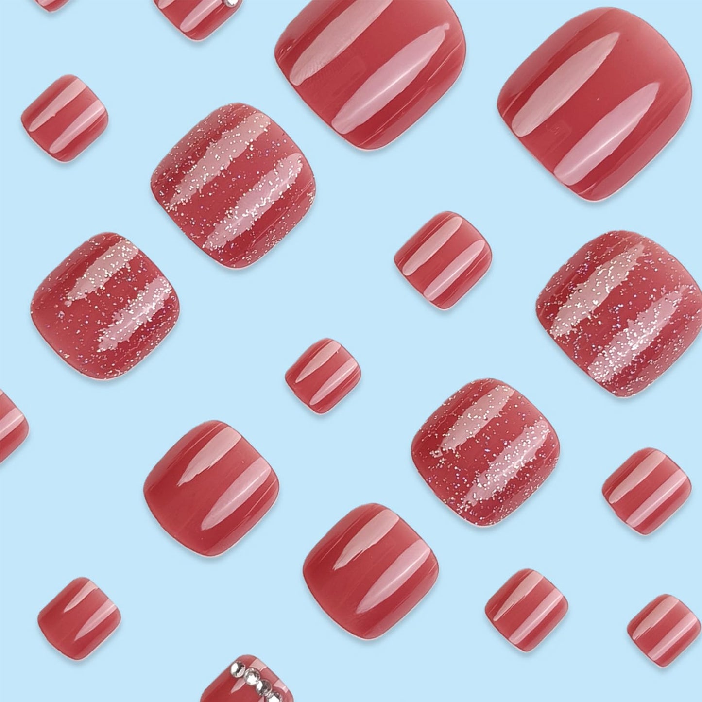 Short Square Press on Toenails Glitter Fake Toe Nails Glossy Acrylic Toe Nail Press ons Wine Red Toenails Press on Nails with Rhinestones Design Glue on Toe Nails for Women 24Pcs