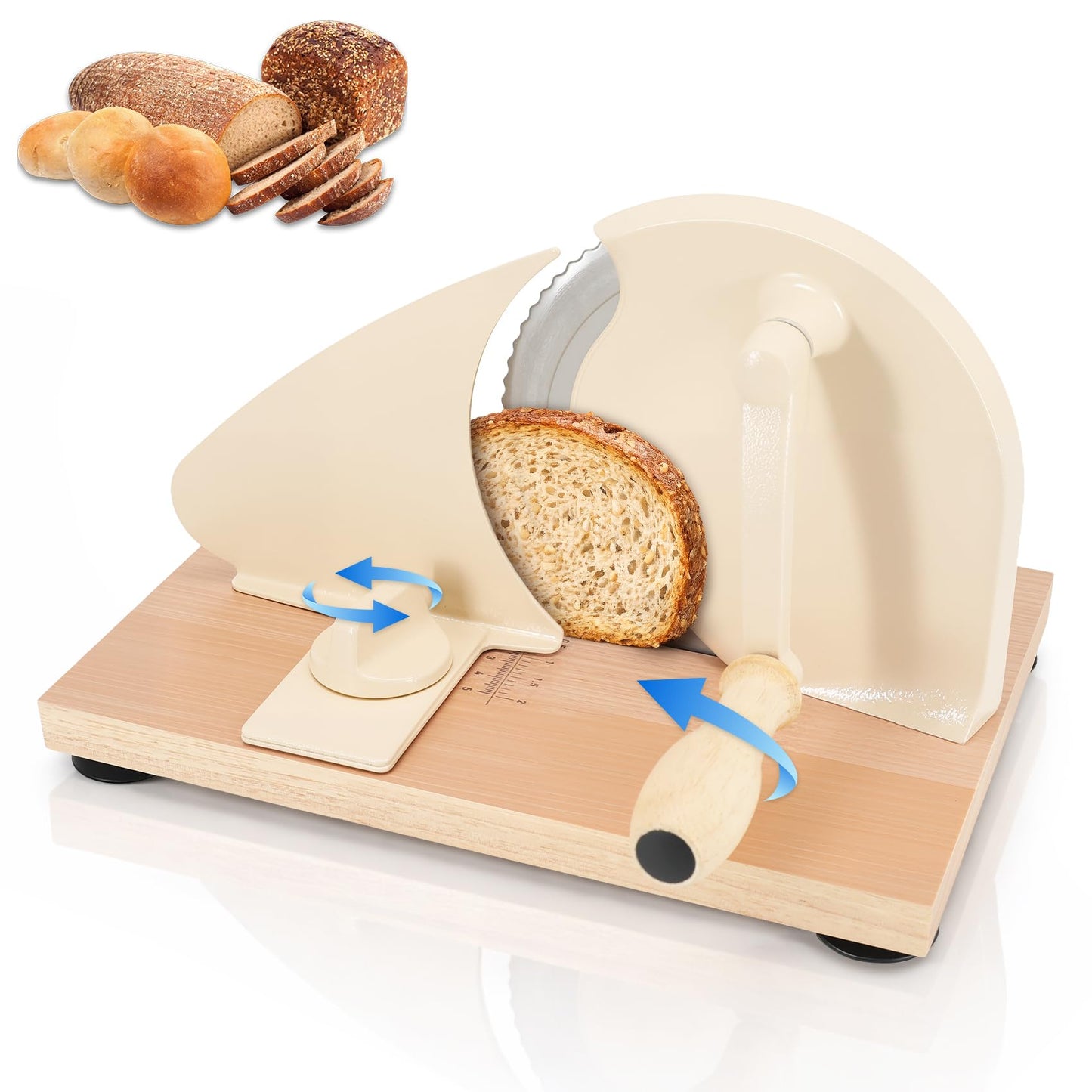 Manual Bread Slicer for Homemade Sourdough Bread, Adjustable Thickness Hand Crank Bread Cutter with Scale Lines, Suction Cup Base, Metal Guide & Sharp Stainless Steel Blade (Cream)