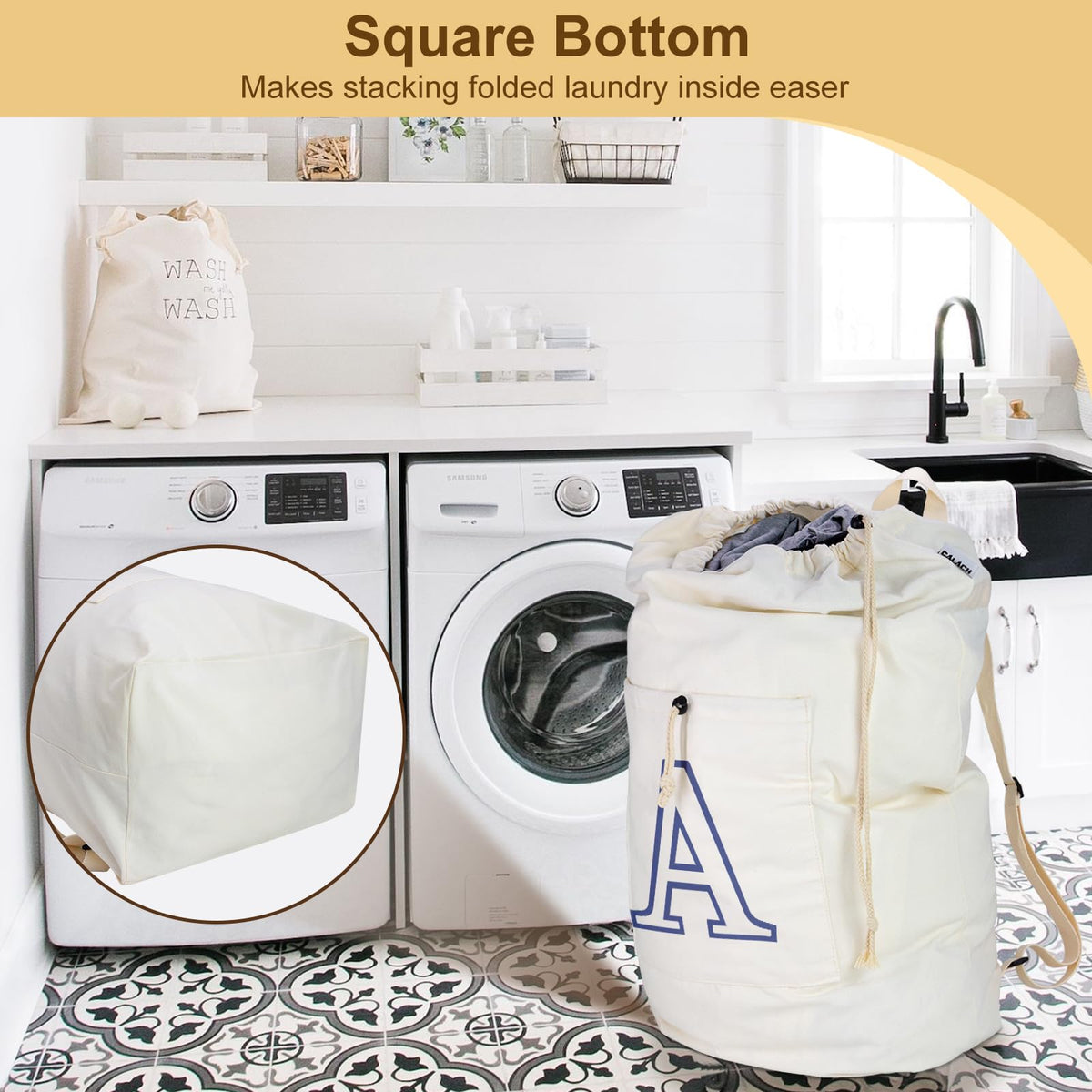 Laundry Bag Backpack Personalized Initial Design Canvas Laundry Bag with Straps & Drawstring Closure Dirty Cloth Hamper Bag for College