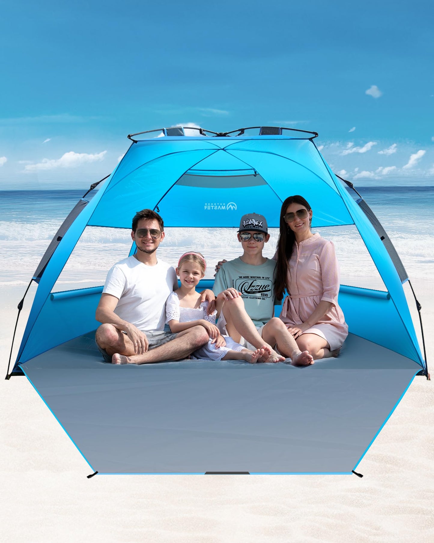 OutdoorMaster Pop Up Beach Tent for 4 Person - Easy Setup and Portable Beach Shade Sun Shelter Canopy with UPF 50+ UV Protection Removable Skylight Family Size - Blue
