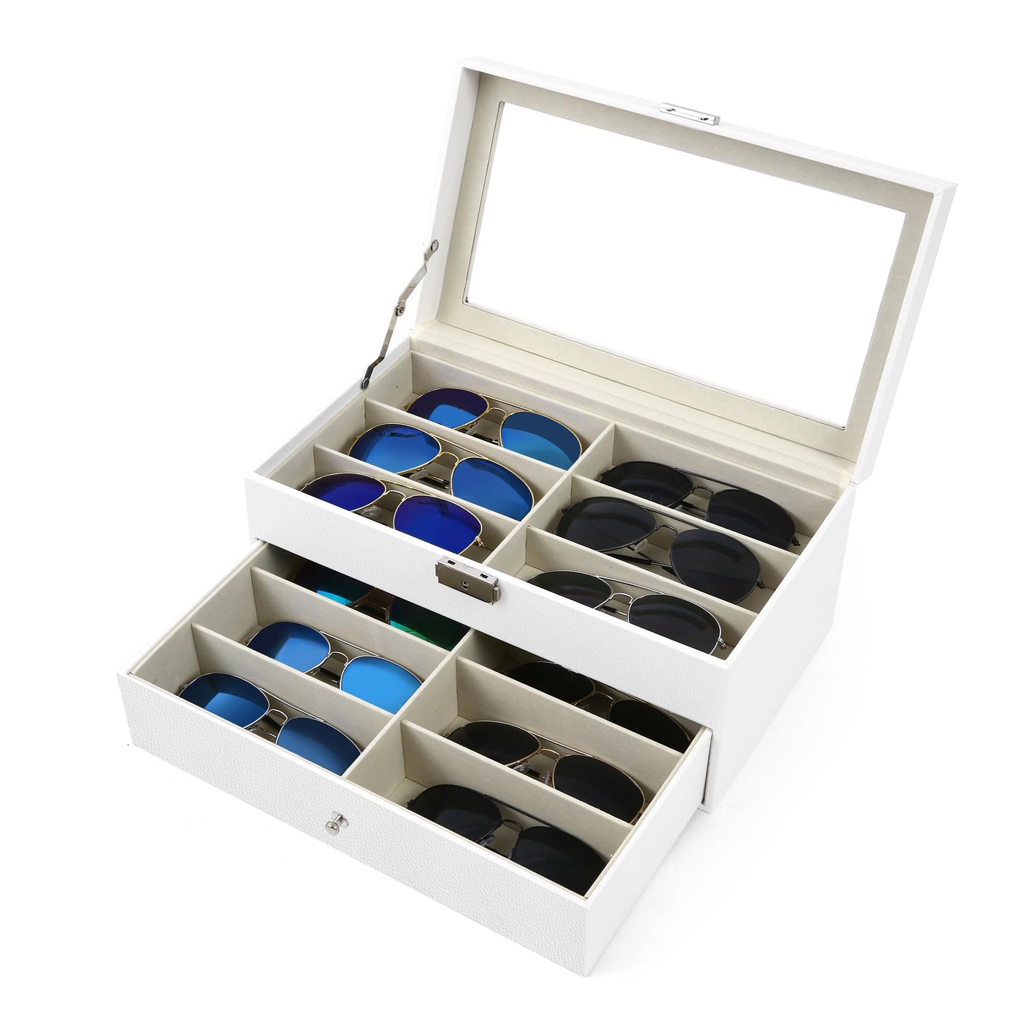 Homeanda 2-Layer Sunglasses Case - 12 Slots Hard Shell Eyeglasses Storage Box PU Leather Organizer, Protective Glasses Organizer Christmas Gift for Men and Women(White)