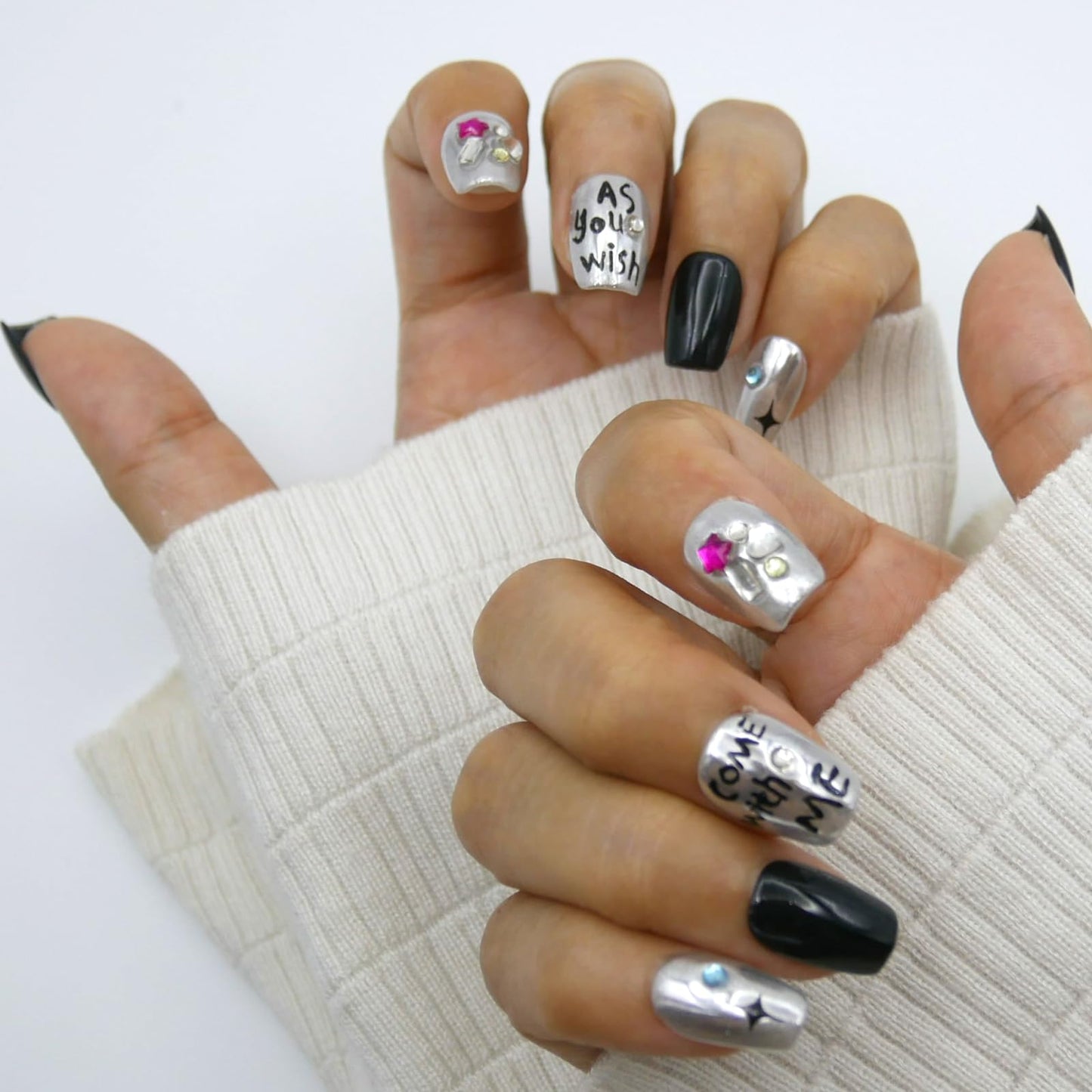 Short Square Press-On Nails, Black and Silver with Rhinestones, Star and Letter Design, 10 Pieces,S-Size