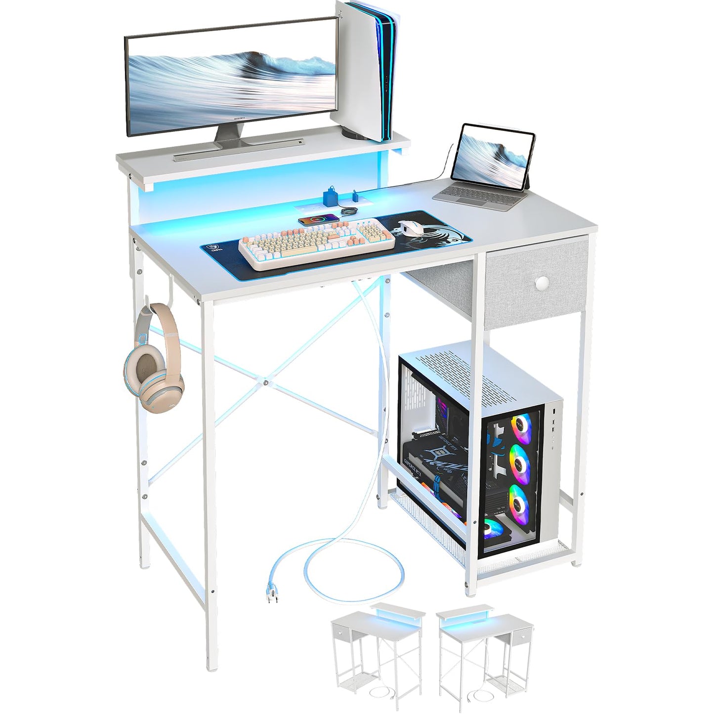 X-cosrack 33.5" Small Gaming Desk with LED Lights & Power Outlets, Compact Computer Desk with Monitor Stand & CPU Stand, Gamer Table with Storage Drawer, Side Hooks for Home Office, Bedroom, White