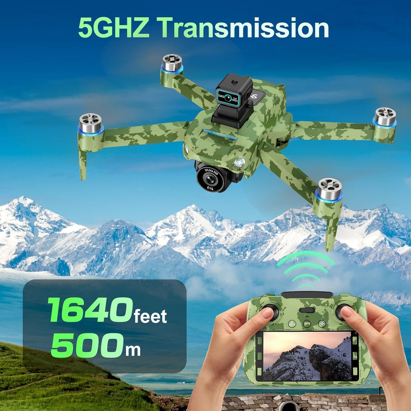 4K GPS Drone with Camera for Adults: Featuring Obstacle Avoidance, 5G FPV Transmission & Brushless Motor, Includes 3 Batteries & Screen Remote Controller in Army Green