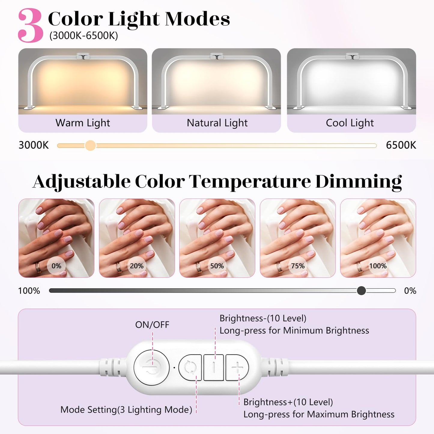 LIONVISON Nail Light for Desk: 29" Foldable Half Moon Light for Nail Tech with Phone Holder - 3 Color Modes & 10 Brightness - 40W Arch LED Nail Desk Lamp for Manicure Salon (with Diamond)