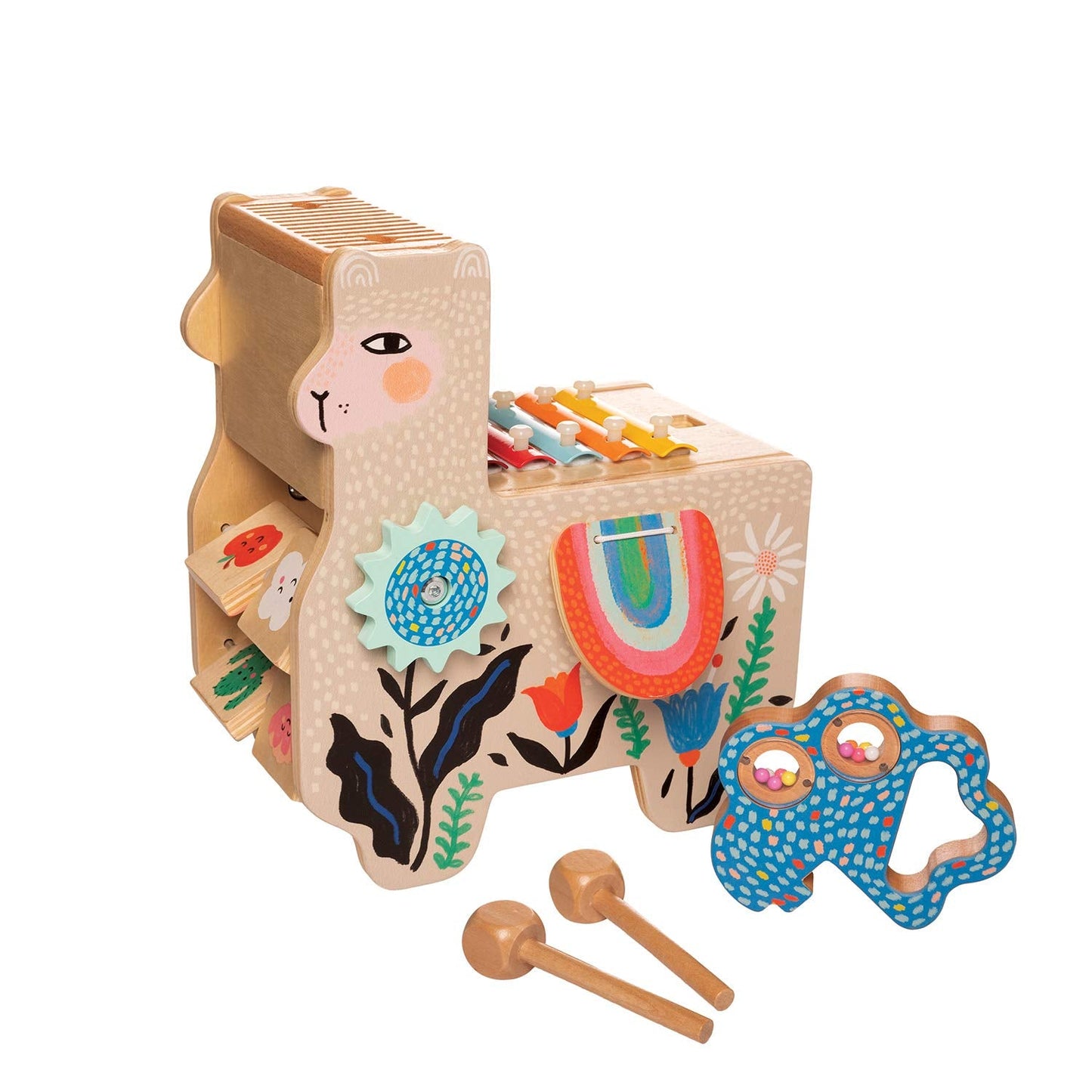 Manhattan Toy Musical Llama Wooden Instrument for Toddlers with Maraca, Clacking Saddlebags, Drumsticks, Washboard & Xylophone