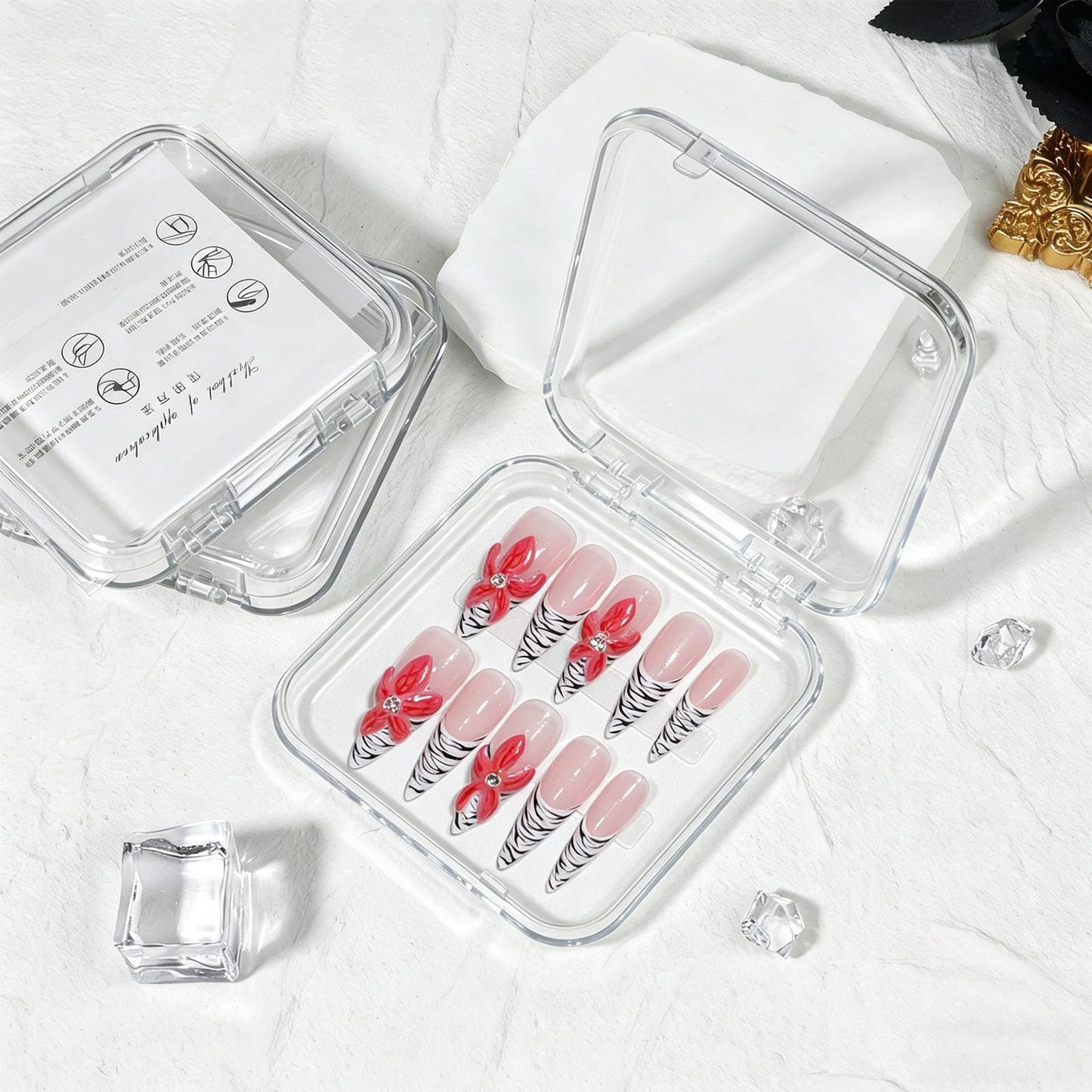10 Pcs Handmade Press on Nails Long Stiletto Fake Nails with Design Zebra Print French Tip False Nails 3D Red Flower Acrylic Press Ons Nails for Women Manicure - Size M