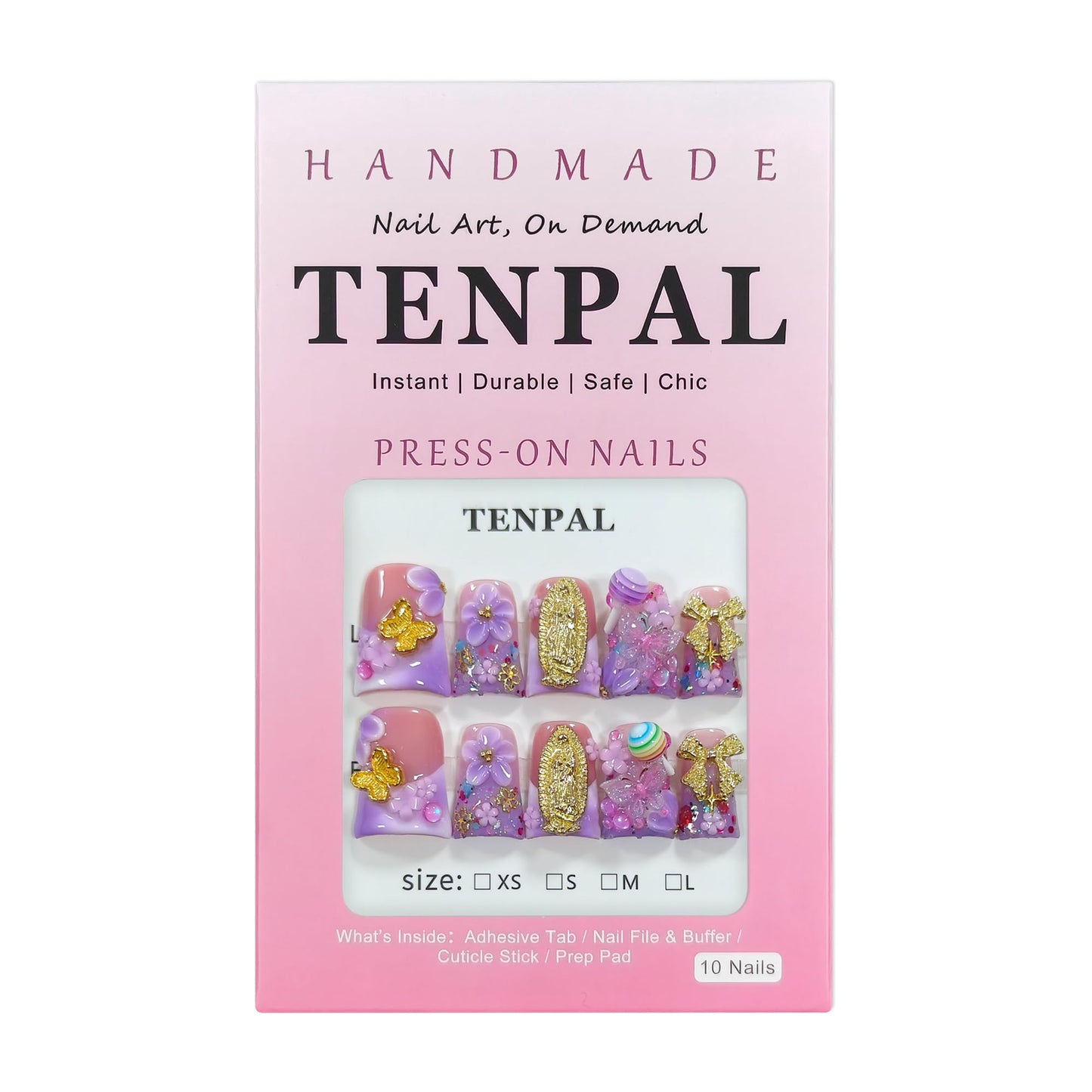 TENPAL Handmade Duckbill Press on Nails - Lavender Pink Blushing French Tips Fake Nails with 3D Bow & Lollipop Design | Acrylic Glossy Gothic Sweet False Nails | Y2K Elegant Style Duck Nails(L)
