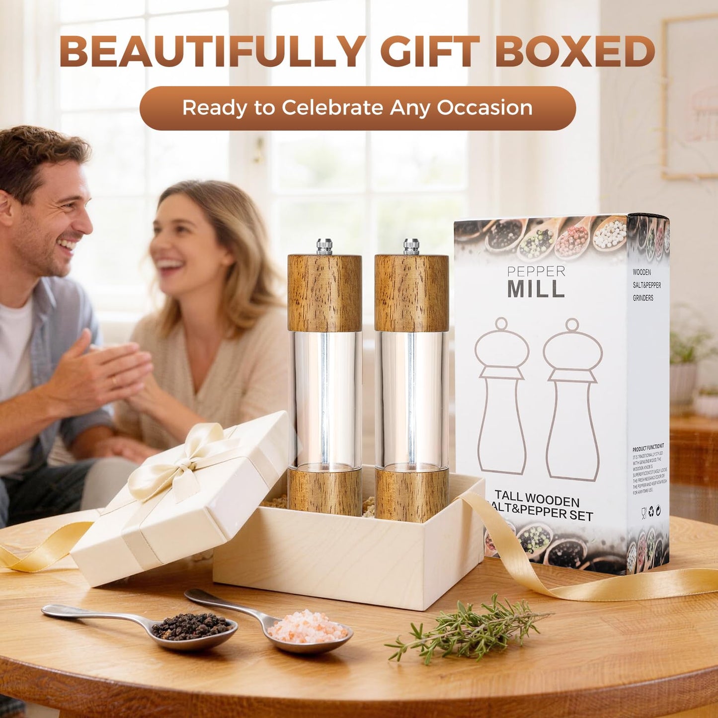JTGILKFR 2-Pack Wooden Salt and Pepper Grinder Set - 8 Inch Manual Adjustable Ceramic Grinding, Refillable Acrylic Salt and Pepper Grinder Set, Custom Coarse to Fine Settings, for Home Dining & Gifts